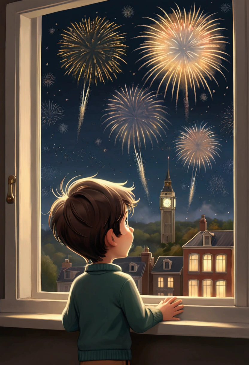  a small boy , Excited, looking out the window at a show of fireworks that form words in the sky (((Happy New Year )))