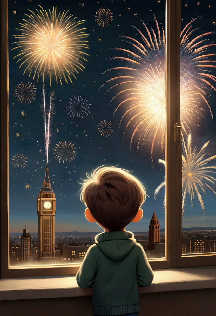  a  , Excited, looking out the window at a show of fireworks that form words in the sky (((Happy New Year )))