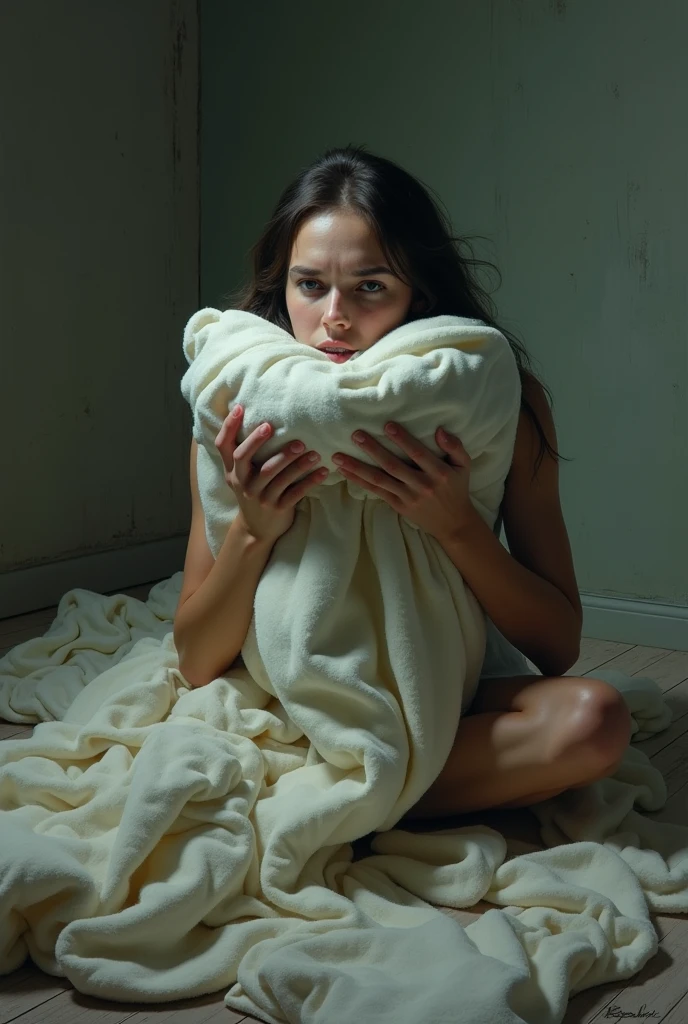 unclothed ghost woman on top of a terrified man on a bed in the dark room causing fear. Full moon night. sleep paralysis monster. Hyperrealistic image. full body image