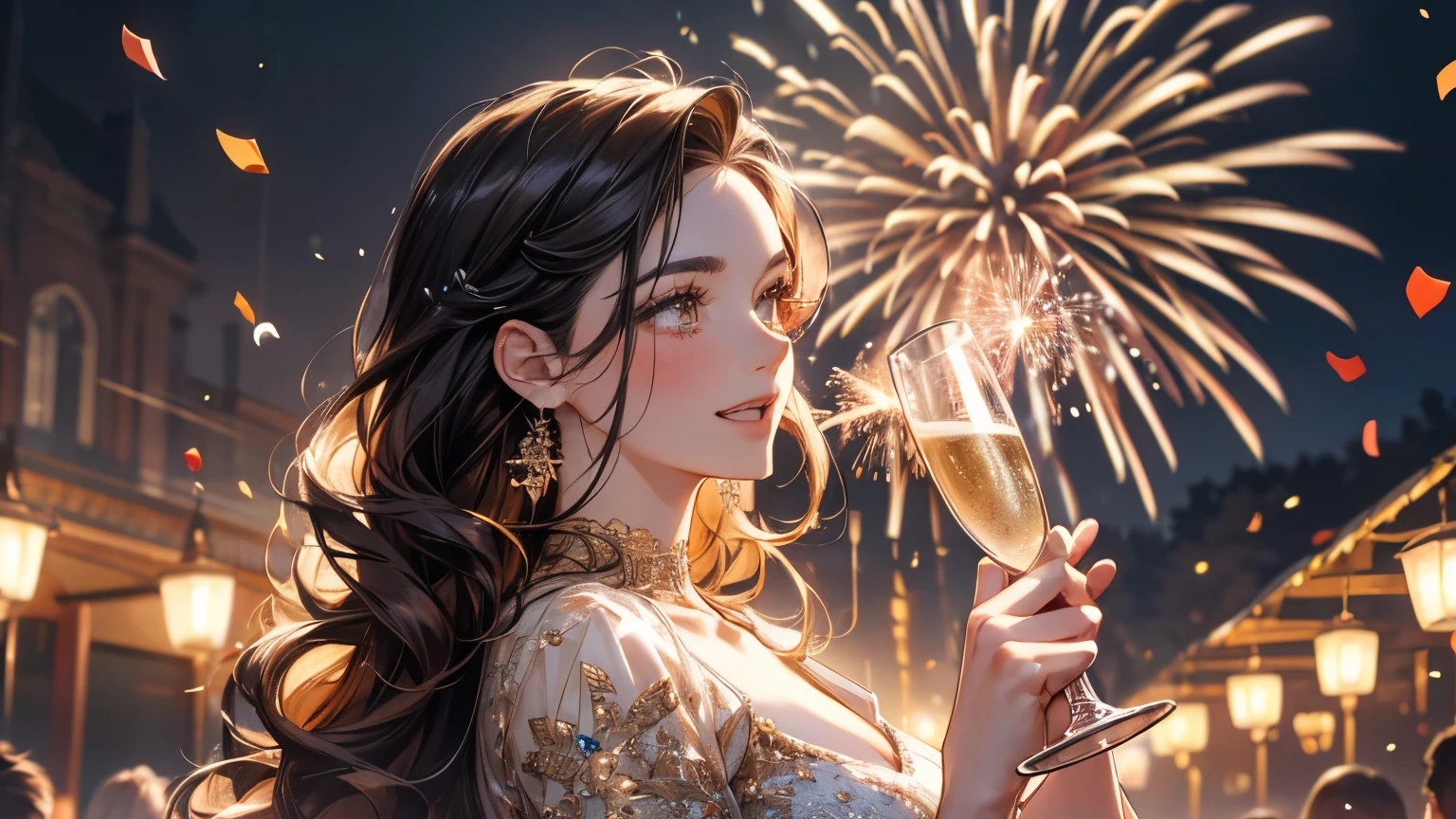 "happy New Year" with fireworks, beautiful female celebrating New Year's Eve party, detailed faces, long eyelashes, elegant dresses, holding champagne glasses and raising arms to celebrate, sparkling lights, confetti, festive decorations, warm lighting, cinematic, highly detailed, photorealistic, 8k, creating a vibrant impression, away from the camera, anatomically correct