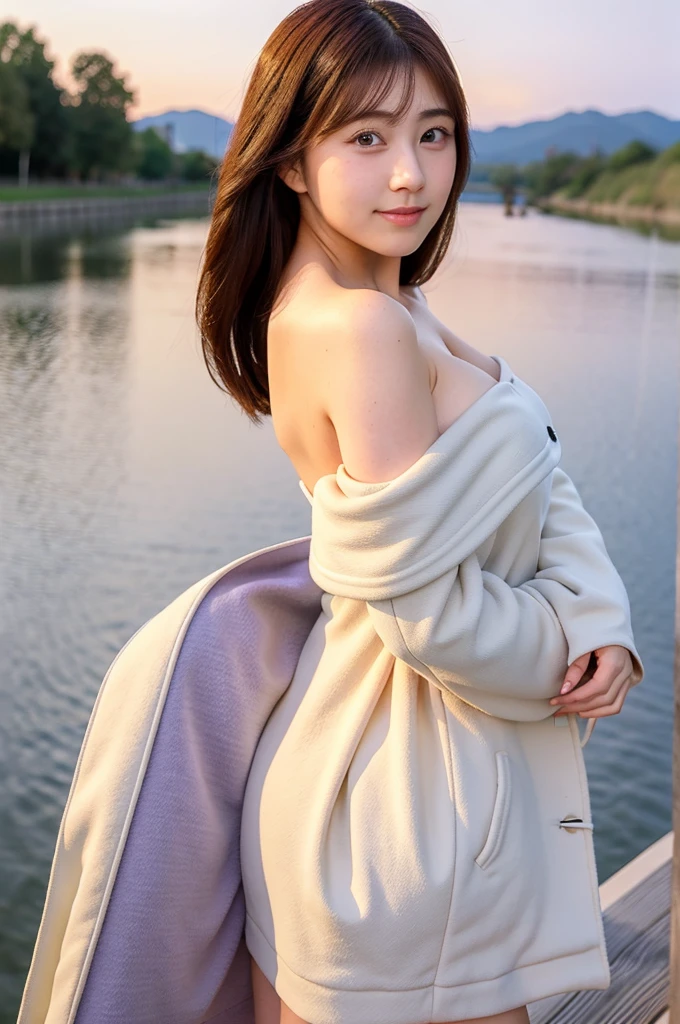 (Hide your chest)(smile)Grey Skin, Light golden hair and purple eyes. They prefer to wear white and silver clothing and dark blue or purple cloaks.。.。,Village Background, Huge_knocker, ((Very accurate and detailed)), ((High resolution)