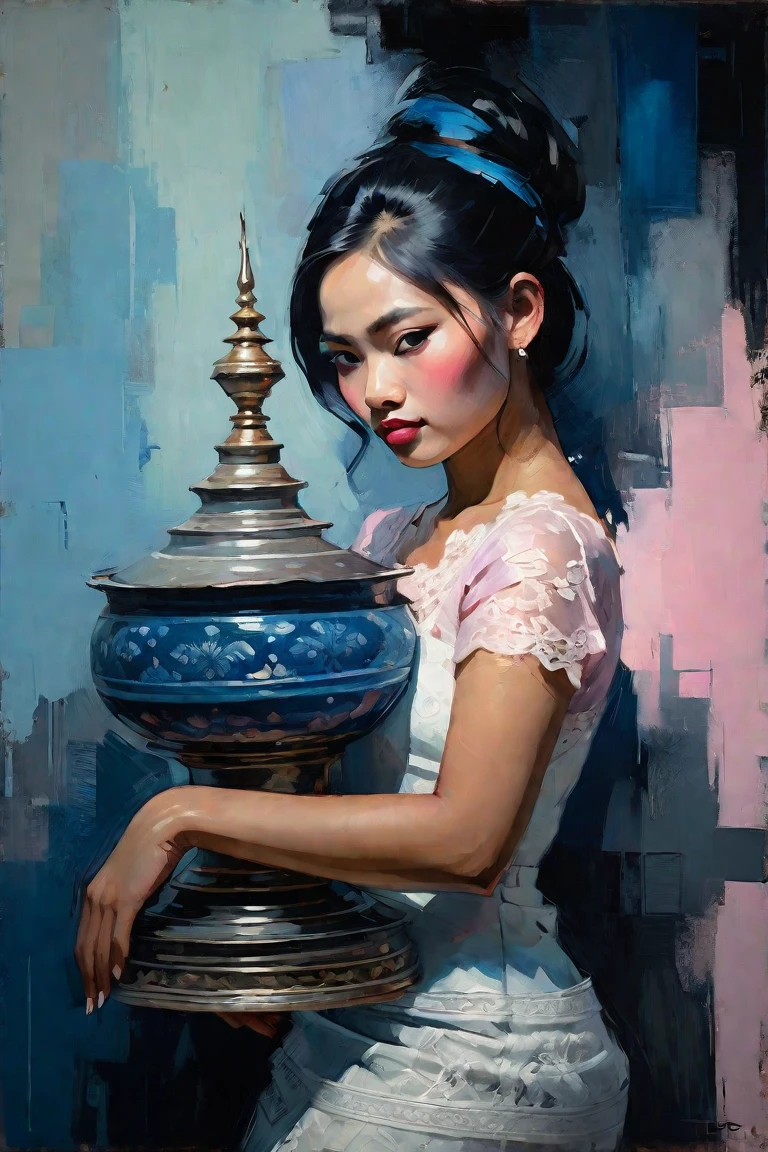 Create a contemporary portrait of a Burmese woman, with Traditional Burmese white lace dress, in the
expressive and painterly style of Malcolm Liepke,
utilizing a palette of light pink, muted blue, dark
grayish blue, bright blue, very dark gray, and
light grayish blue.The portrait should feature a
close-up of the subject's face with strong,
dynamic
brushstrokes and a focus on capturing
the depth and texture characteristic of
Liepke's work. Use light pink and bright
blue for the highlights and vibrant
areas,while employing muted blue, dark
grayish blue, very dark gray, and light
grayish blue to create shadows and
depth. Ensure the background
complements
the portrait with subtle variations of the
same color 
palette, evoking a sense of modern
elegance and
emotional intensity