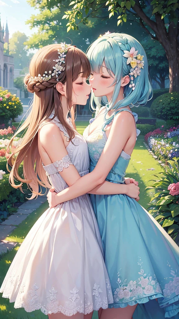 小さなgirl、pantyhose、The arrival of spring、big butt、 (alone:1.5,)Super detailed,bright colors, very beautiful detailed anime face and eyes, look straight, ;d, shiny_skin,girl, ((silver long hair,Inner color is red 、forehead is exposed.、green eyes、、shiny hair, delicate beautiful face, blush、(turquoise eyes), White skin, Valletta, earrings,、blue flower field、(((Floral pink outfit、white mini skirt)))、twin tails、Face when kissing、Face while kissing