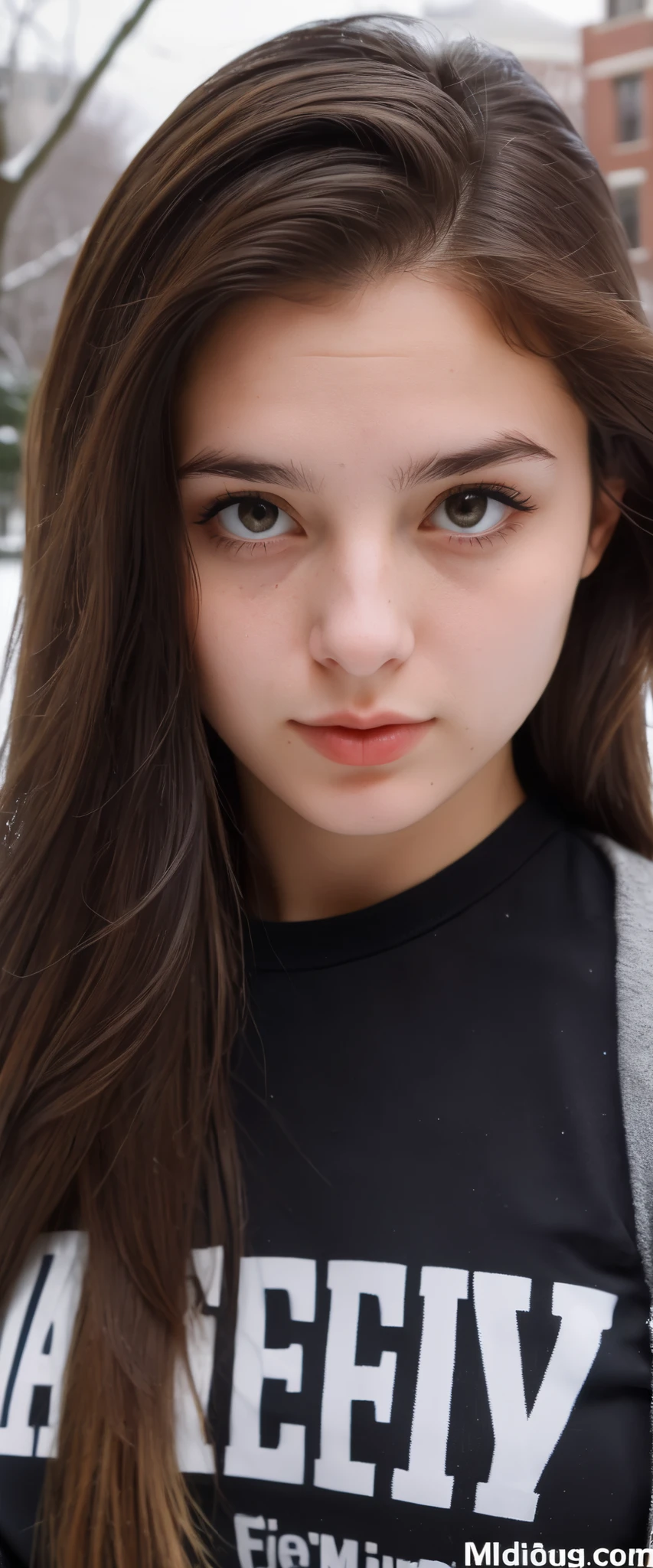 (indistinguishable from reality:1.4), 1girl, selfie, An half portrait of a beautiful 25 y.o New York Italian college student, (detailed facial features), (freckles:0.2), (acne:0.1), long thick luxurious straight hair, beautiful Jewish nose, shy smile, walking on University campus, winter, snowfall, ultra detailed texture  Black T- Shirt, , Nikon FM2, 35mm SLR