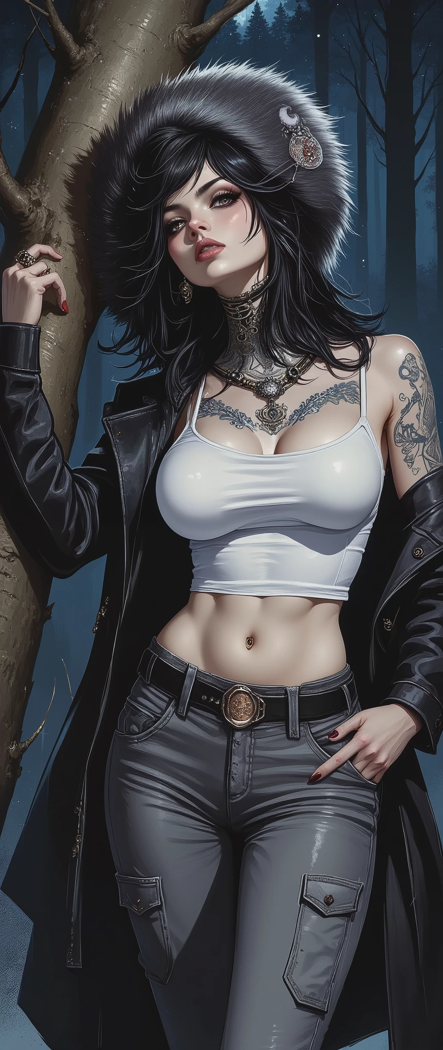 Jaime AlejanDro, en panel De cómic, cómic De ilustración lineal en negrita, ojos seDuctores, Labios partiDos, perfect body, curves, NSFW, al estilo De ADam Hughes, (extremaDamente DetallaDo, masterpiece, mejor caliDaD, 8k ), (((mejor caliDaD))), (((masterpiece))), (((ADulto))), plano meDio, guerrero, with perfect body, sujetaDor blanco sexy con encaje rojo, chaqueta De cuero blanca estilizaDa con muchos Detalles metálicos, Mano con guantes De acero y púas metálicas., ((low)), pantalones cargo rasgaDos casi DesnuDos al salvaje estilo urbano De Simon Bisley para la portaDa De 2000 A.D. magazine, minimal clothing, armaDura (ropa hecha con la banDera De la Alianza RebelDe), lleno De púas y remaches manchaDos De tinta, Tatuaje De estrella De 5 puntas, (((Whole body))) Rewarded accommodation, FonDo De noche De gran ciuDaD