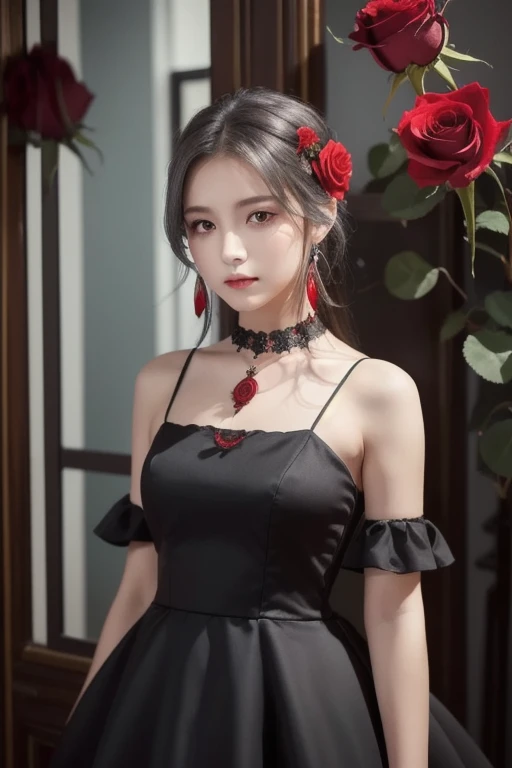 (Highest quality, masterpiece), (One person, alone, Black Dress, Are standing , View your viewers, Gray Hair, Red eyes, Holding roses, Mouth closed, Upper Body), (Red dream catcher behind, Red flower, )