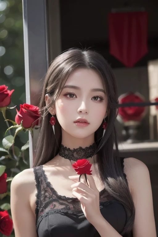 ( top quality , masterpiece), ( 1 girl, Alone,  black dress,  is standing ,  Watch Viewers , Gray Hair,  red eyes, With a rose,   closed mouth ,  upper body), ( and the red dream catcher is in the back, Red Flower, )