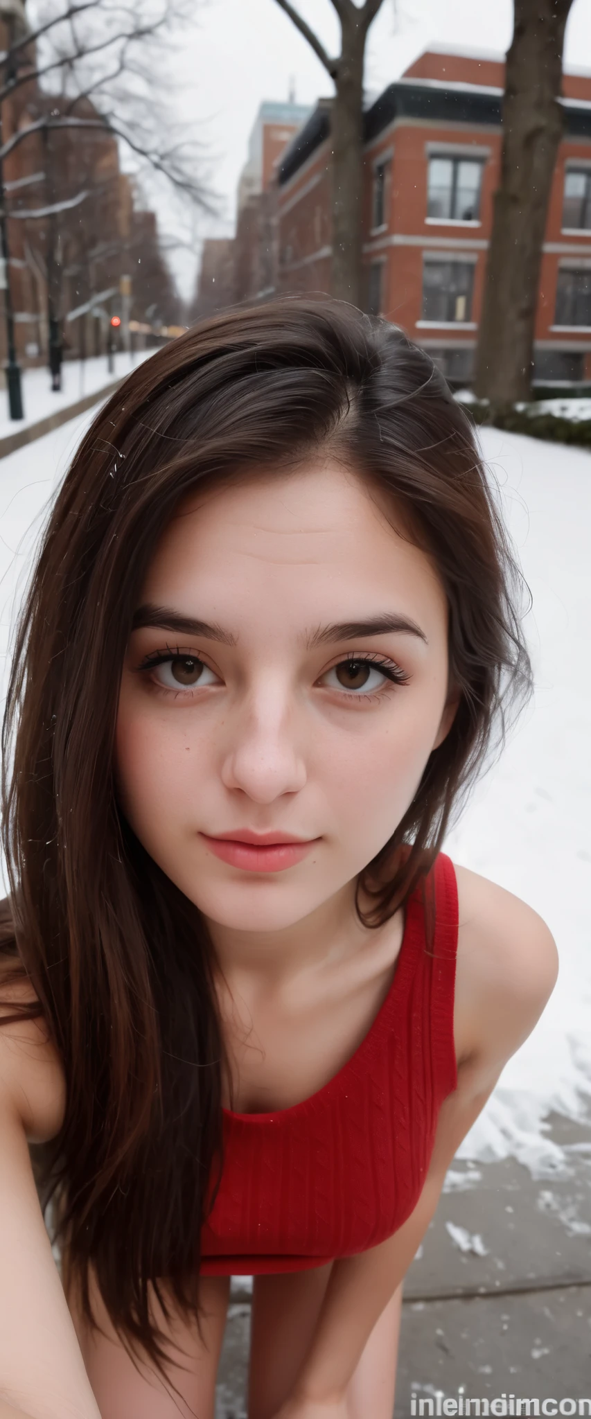 (indistinguishable from reality:1.4), 1girl, selfie, An half portrait of a beautiful 25 y.o New York Italian college student, (detailed facial features), (freckles:0.2), (acne:0.1), long thick luxurious straight hair, beautiful Jewish nose, shy smile, walking on University campus, winter, snowfall, ultra detailed texture Red Tank Top, , Nikon FM2, 35mm SLR