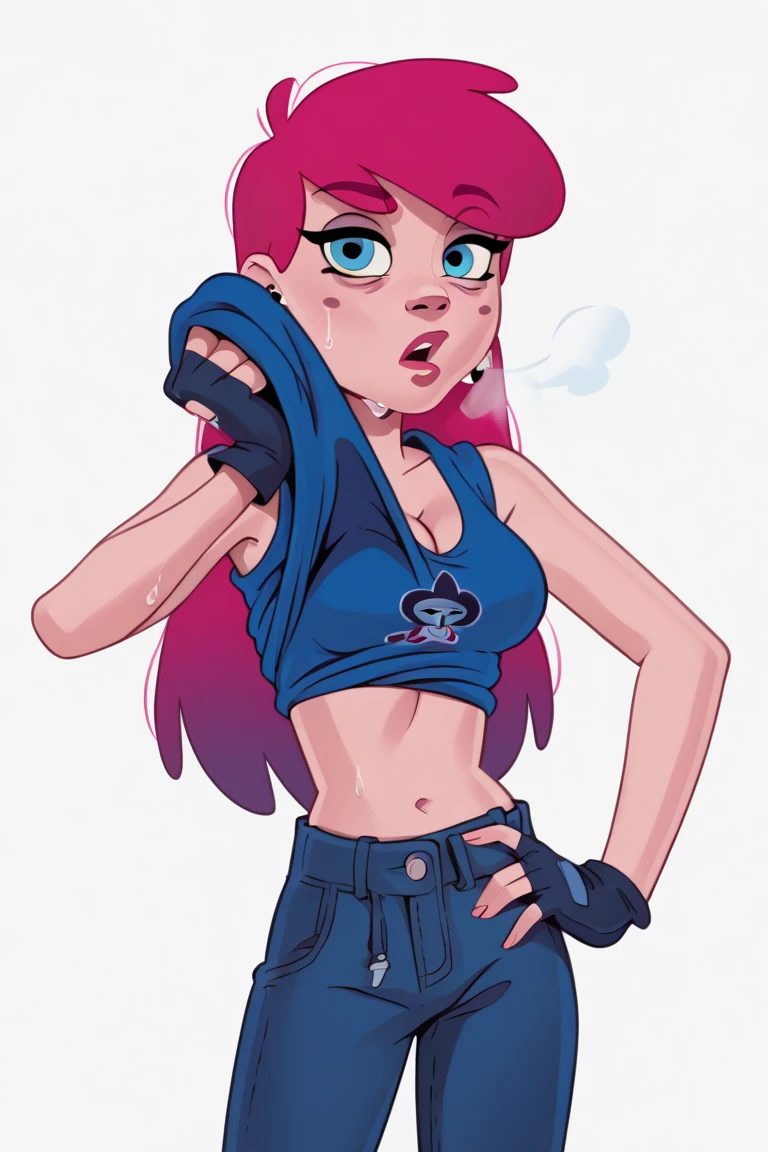 AnyMalu, 1girl, gloves, solo, earrings, fingerless gloves, blue eyes, pink hair, jewelry, long hair, makeup, pants, standing, black gloves,hands on own hips,  half body, sleeveless, looking at viewer,shorts,simple background, cleavage,, score_9, score_8_up, score_7_up, score_6_up  zPDXLxxx, wiping face, wiping sweat, lifted by self, shirt lift, shirt, sweat, sweaty, open mouth,  out of breath, tired exporession 