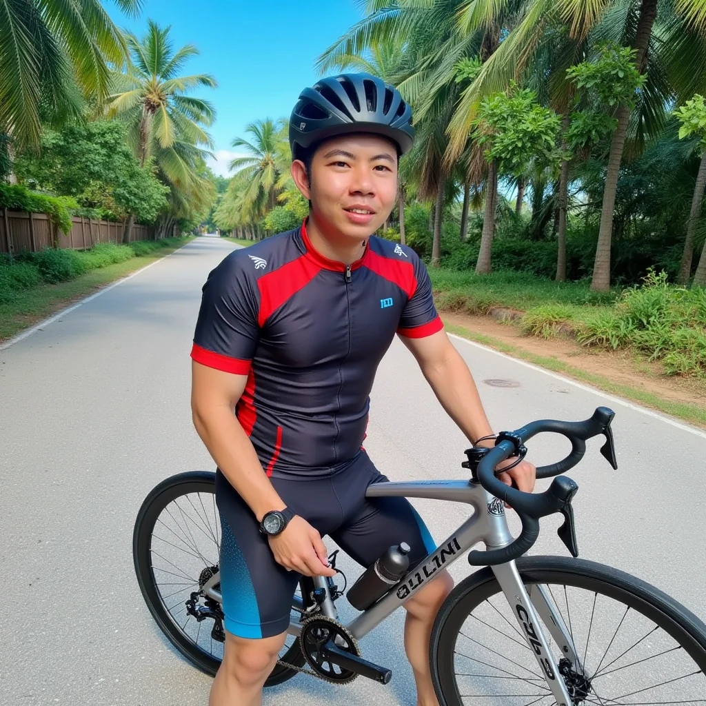 A man, 25-35 years of age, Thai ethnicity, is positioned outdoors, leaning slightly against a bicycle. He is wearing a stylish and sleek athletic outfit, featuring a fitted black and red sports jersey with bold accents and black cycling shorts with subtle blue and white gradient details. The word "CHILL" is printed on the back of the jersey. The bicycle is modern, silver-gray with dark-colored wheels and components. A water bottle is attached to the bicycle frame. The man is wearing a matte black bicycle helmet and a black sports wristwatch. His expression is confident and relaxed, with a slight smile. His hair is neatly styled under the helmet, and his posture conveys strength and approachability. The setting is a paved roadside lined with lush green trees and foliage. The asphalt road is light gray, while the sky is vibrant blue, suggesting a sunny day. The lighting is natural, casting soft shadows that add depth and warmth. The image's perspective is at a slightly high-angle, eye-level shot, emphasizing the sporty and dynamic outdoor aesthetic with a touch of sleek elegance.