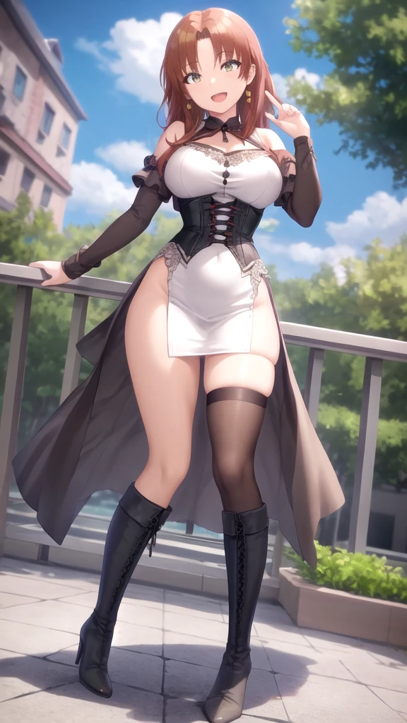 masterpiece, best quality, extremely detail 8k cg, high resolution, 1girl, narukouzumaki, twintails, wisker marks, blonde hair, blue eyes, perfect eyes, slim body, huge breasts, bursting breasts, lacasindress, black thighhighs, cleavage, outdoors, garden, beautiful face, full shot photo, full body