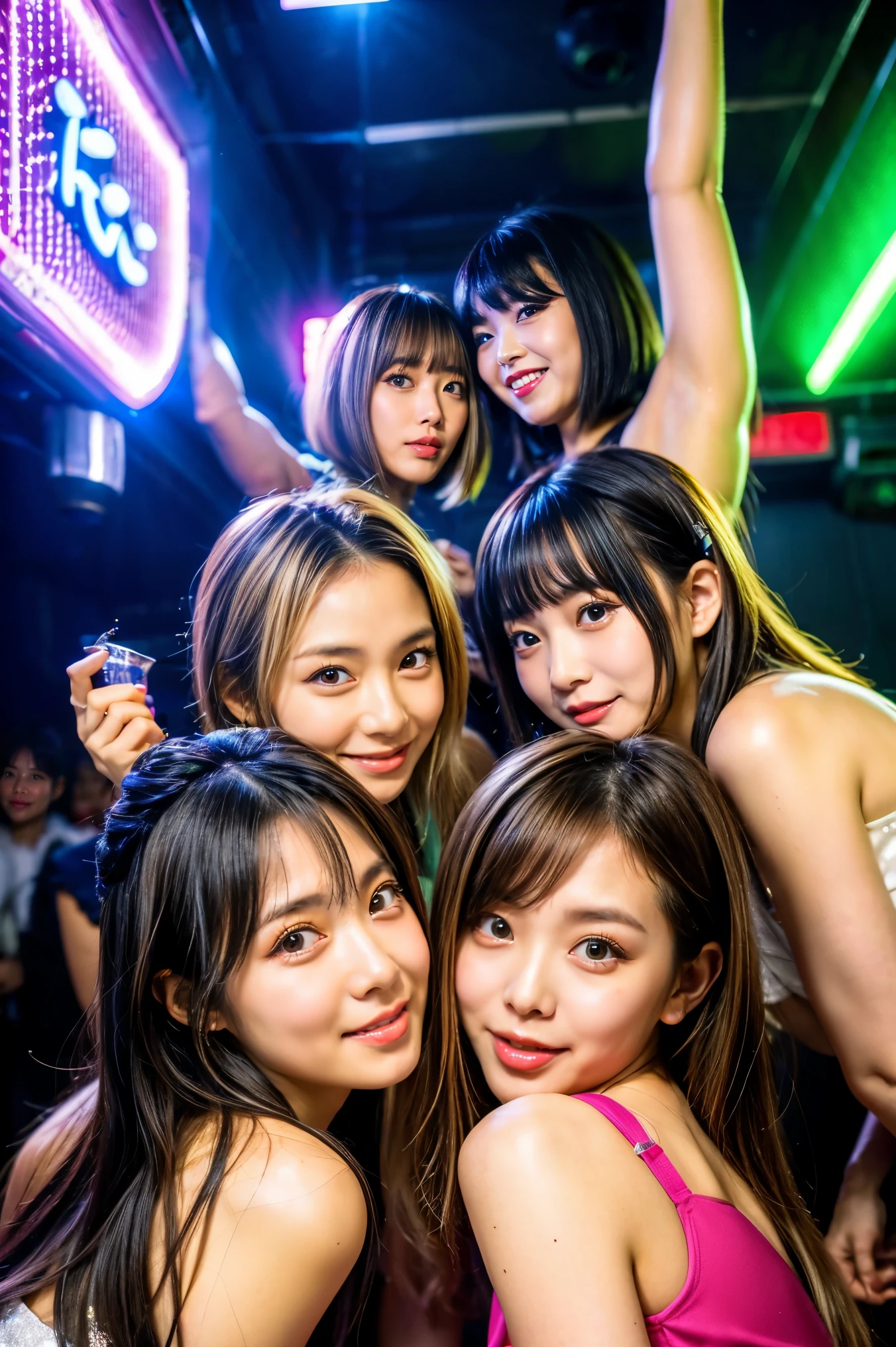 A group of women are striking a pose while happily singing and dancing together, sweating and having fun, They're all smiling and having fun, enjoying the moment. they are Japanese idol,The girls are surrounded by cute and colorful decorations, and they're comfortable and relaxed. They're all good friends,(( They are completely nude)),and they're happy to be spending time together, {{{{arena}}}},idol stage, {{{spot lighting}}}, {{{light from above}}}, {{{{confetti:1.3, motion blur}}}},{{{dutch angle shot}}}, masterpiece, absurdres, best quality, intricate details, best quality, 8k, best aethetic, beautiful art, ultra-detailed,realistic photo,