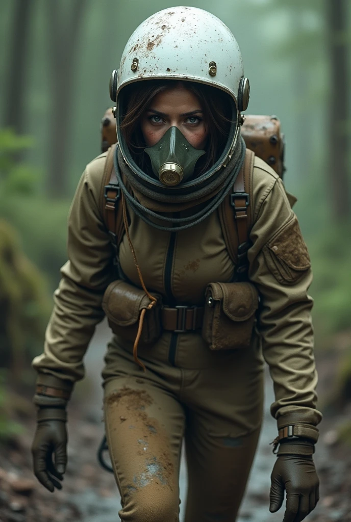 (best quality, masterpiece, highest detailed), (photorealistic:1.2), (detailed light:1.2), (Realistic skin texture:1.4), raw photo, upper body shot, a woman in a khaki chemical protective suit, gasmask, in the middle of a burnt forest, looking at viewer, ((dead black forest)), radioactive ash flying from the sky, ((post-apocalysis)), World War III