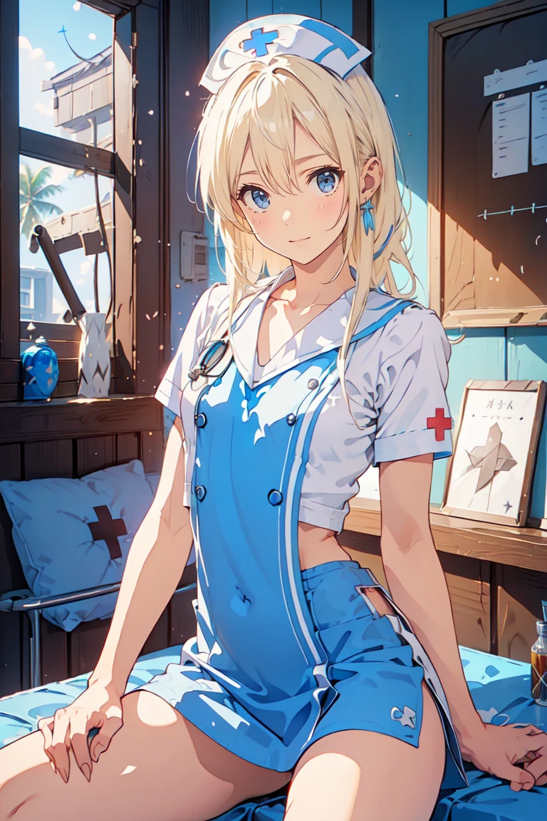 Island Breeze、Blonde, ( blue eyes:1.5), 
break　(nurse:1.5)
break pool,朝日 
break looking at viewer, ( cowboy shot:1.5), 
break (masterpiece:1.2),  top quality ,  high res,  Unity 8K Wallpaper  , ( illustration:0.8), ( beautiful detailed eyes:1.6),  Extremely Detailed Face ,  perfect lighting,  very detailed CG pinching boob, (perfect hand,  Perfect Anatomy),
break (flat chest:1.5)、　(scrawny legs:1.5)、
break (sitting、　wide spread legs:1.5),