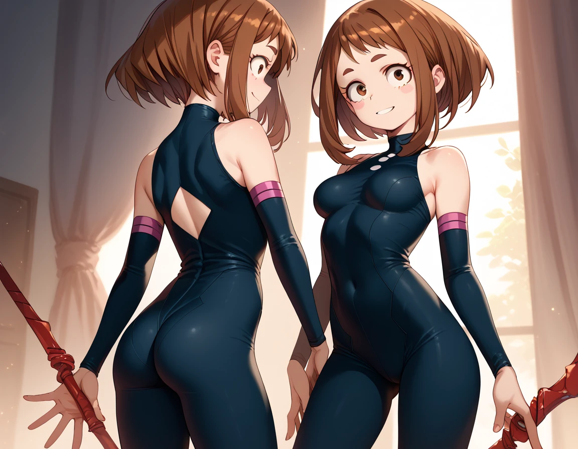 (side angle), ochako uraraka, brown eyes, brown hair, (aego)short hair, blush, blush stickers, bodysuit, skin tight, superhero, slender body, tiny waist. sexy body, sexy figure, slim legs, slim figure, sexy, tiny waist, desireable, tempting, lust, butt, back view, back, dos, fesses , yoga pants, poches arrières pantalon, bottes noires 