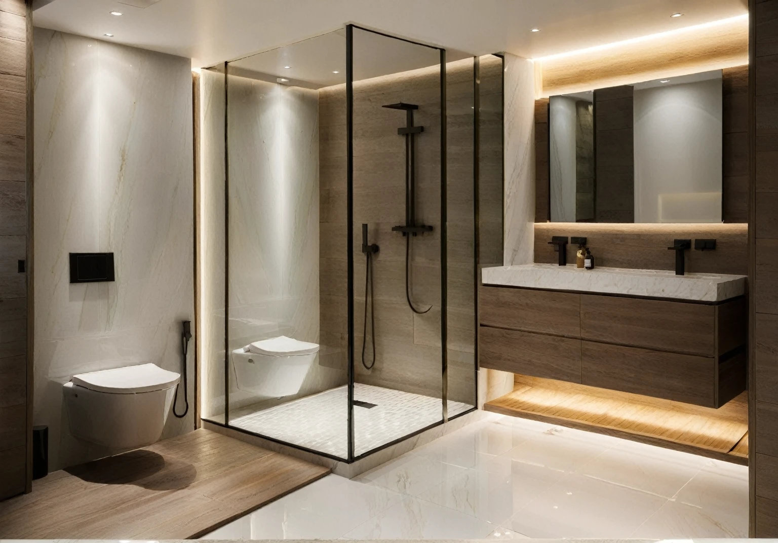 ((Wabi-sabi Style)), Strip Lighting,Glass,Interior Design,Interior Design,Modern Design,Straight Lines,Lines,Design Sense,8K HD,Details,High Quality,Masterpieces,Masterpieces,
Raw photo,Masterpiece, high quality, best quality, authentic, super detail, indoors, interior , (( TOILET AND WC ROOM :1.3)), daylight, (WHITE WALL),marble tile floorThis image depicts a modern kitchen with a clean, minimalist aesthetic.The image depicts a modern, minimalist bedroom interior. The room is bathed in soft, natural light, enhancing the serene ambiance. The style of the room is characterized by clean lines, natural wood tones, and the warm hues of cream and white.

The main elements include a large bed with a simple yet elegant design, prominently positioned in the center of the room. The floor beneath is a dark wooden planking, providing a striking contrast to the lighter elements in the room. Positioned next to the bed are two walls with built-in wooden cabinets, providing ample storage space.

On the right si