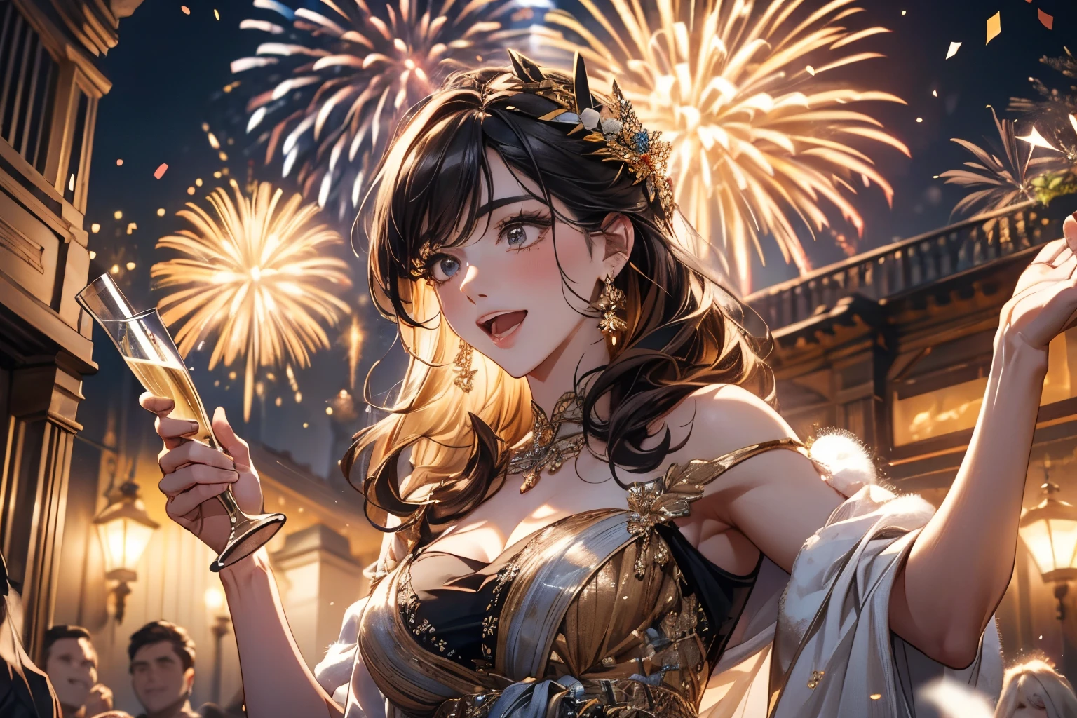 "happy New Year" with fireworks, beautiful female celebrating New Year's Eve party, detailed faces, long eyelashes, elegant dresses, holding champagne glasses and raising arms to celebrate, sparkling lights, confetti, festive decorations, warm lighting, cinematic, highly detailed, photorealistic, 8k, creating a vibrant impression, away from the camera, anatomically correct