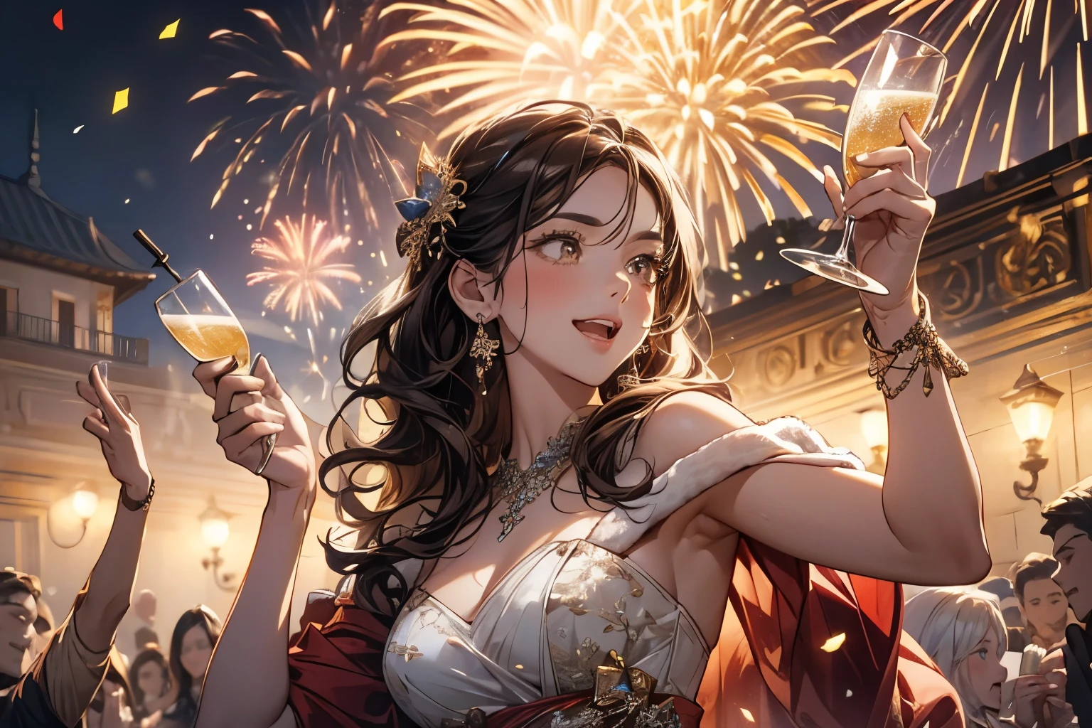 "happy New Year" with fireworks, beautiful female celebrating New Year's Eve party, detailed faces, long eyelashes, elegant dresses, holding champagne glasses and raising arms to celebrate, sparkling lights, confetti, festive decorations, warm lighting, cinematic, highly detailed, photorealistic, 8k, creating a vibrant impression, away from the camera, anatomically correct