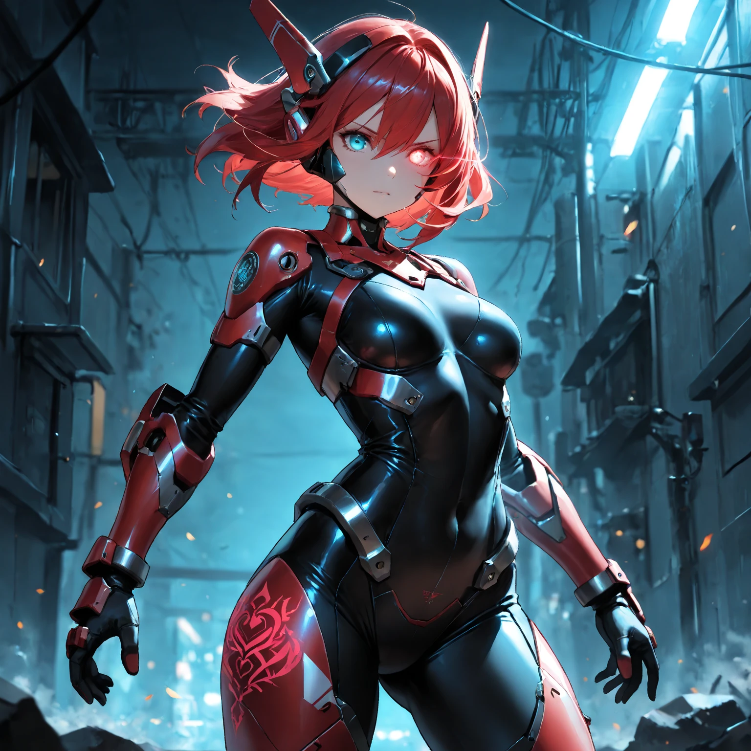 cowboy shot, very cute face, android girl, exoskeleton bodysuit, heterochromia, joint, mech mask, headgear, ethereal tattoo, glowing eyes, ((glowing eye trail)), dynamic pose, (best quality,4k,8k,highres,masterpiece:1.2),ultra-detailed,intricate details, high fashion, dramatic lighting, warm colors, chiaroscuro