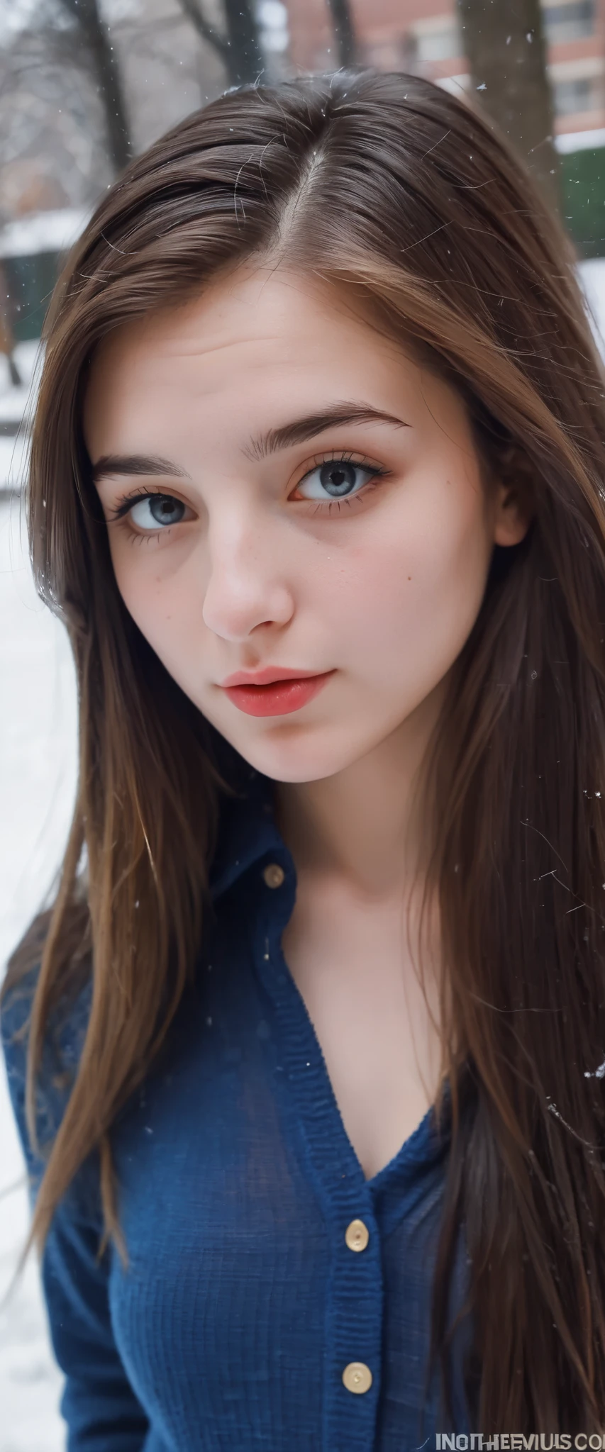 (indistinguishable from reality:1.4), 1girl, selfie, An half portrait of a beautiful 25 y.o New York Italian college student, (detailed facial features), (freckles:0.2), (acne:0.1), long thick luxurious straight hair, beautiful Jewish nose, shy smile, walking on University campus, winter, snowfall, ultra detailed texture Blue Blouse, , Nikon FM2, 35mm SLR