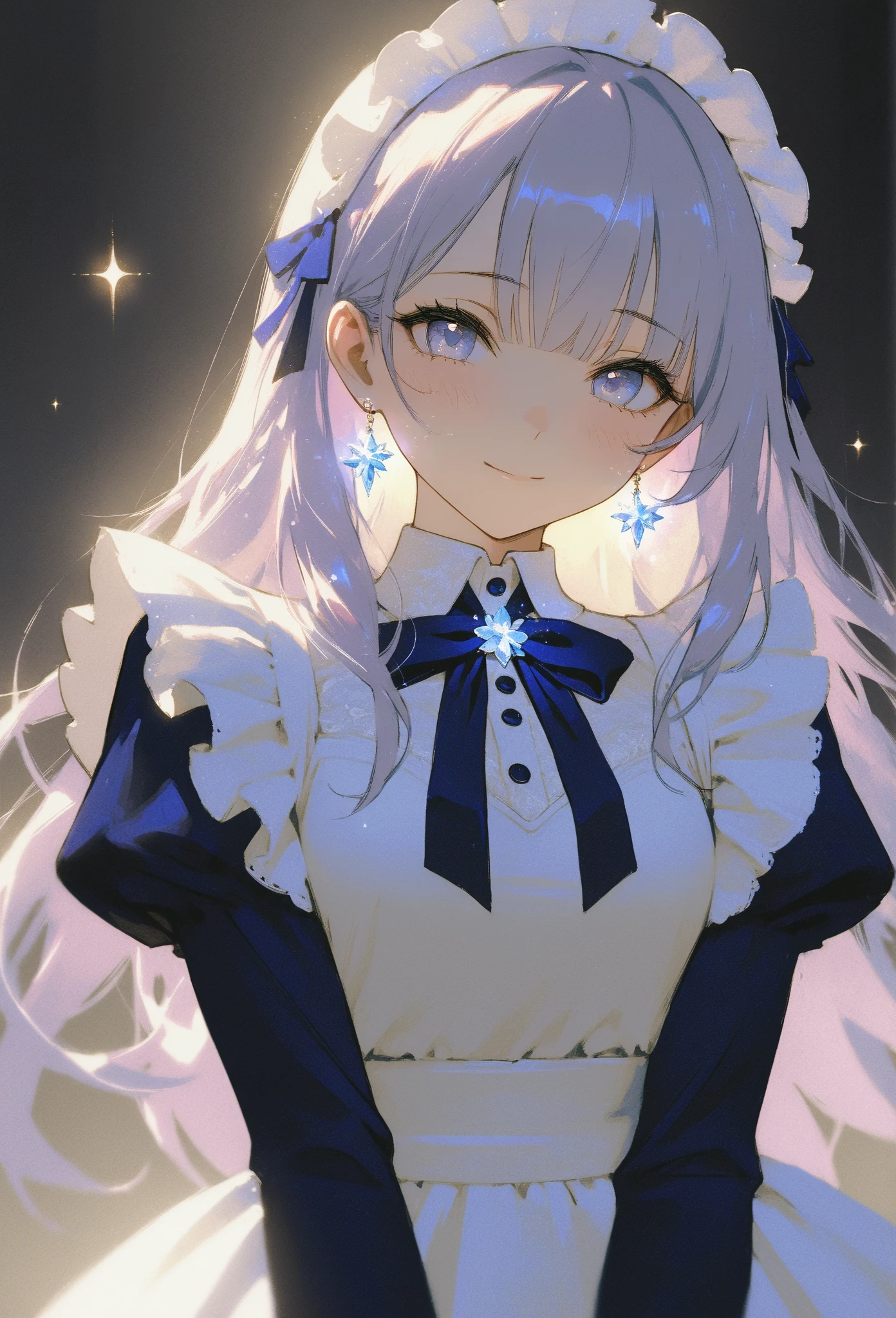 (masterpiece, best quality, high resolution, 8k, detailed),(masterpiece, best quality, high resolution, 8k, detailed), A cheerful young girl with light lavender hair styled in straight bangs, wearing a blue and white maid outfit. She has a soft smile and is making a peace sign with her fingers close to her face, exuding a playful and endearing energy. Her large, gentle eyes have a hint of sparkle, with a light blush on her cheeks. A heart-shaped decoration floats beside her, adding to the lighthearted, warm atmosphere. The colors are soft and muted, with a painterly style that brings out a sense of nostalgia and charm