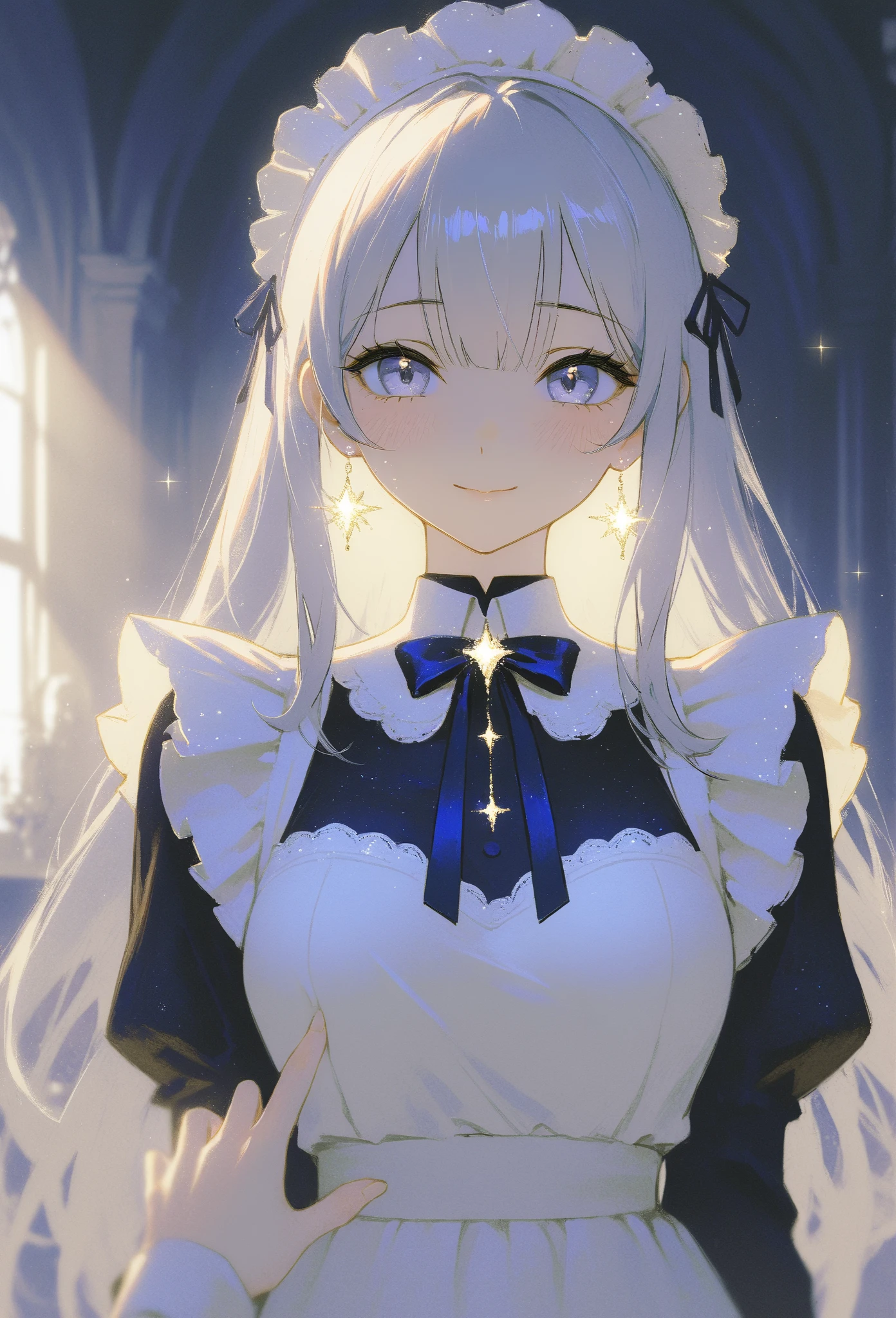 (masterpiece, best quality, high resolution, 8k, detailed),(masterpiece, best quality, high resolution, 8k, detailed), A cheerful young girl with light lavender hair styled in straight bangs, wearing a blue and white maid outfit. She has a soft smile and is making a peace sign with her fingers close to her face, exuding a playful and endearing energy. Her large, gentle eyes have a hint of sparkle, with a light blush on her cheeks. A heart-shaped decoration floats beside her, adding to the lighthearted, warm atmosphere. The colors are soft and muted, with a painterly style that brings out a sense of nostalgia and charm