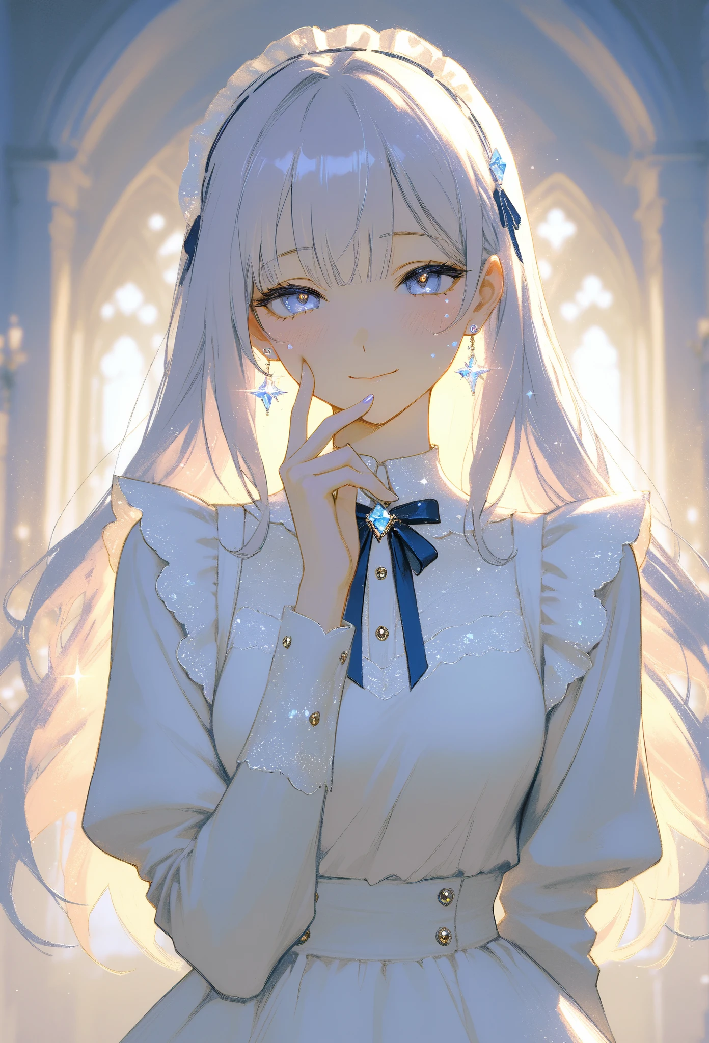 (masterpiece, best quality, high resolution, 8k, detailed),(masterpiece, best quality, high resolution, 8k, detailed), A cheerful young girl with light lavender hair styled in straight bangs, wearing a blue and white maid outfit. She has a soft smile and is making a peace sign with her fingers close to her face, exuding a playful and endearing energy. Her large, gentle eyes have a hint of sparkle, with a light blush on her cheeks. A heart-shaped decoration floats beside her, adding to the lighthearted, warm atmosphere. The colors are soft and muted, with a painterly style that brings out a sense of nostalgia and charm