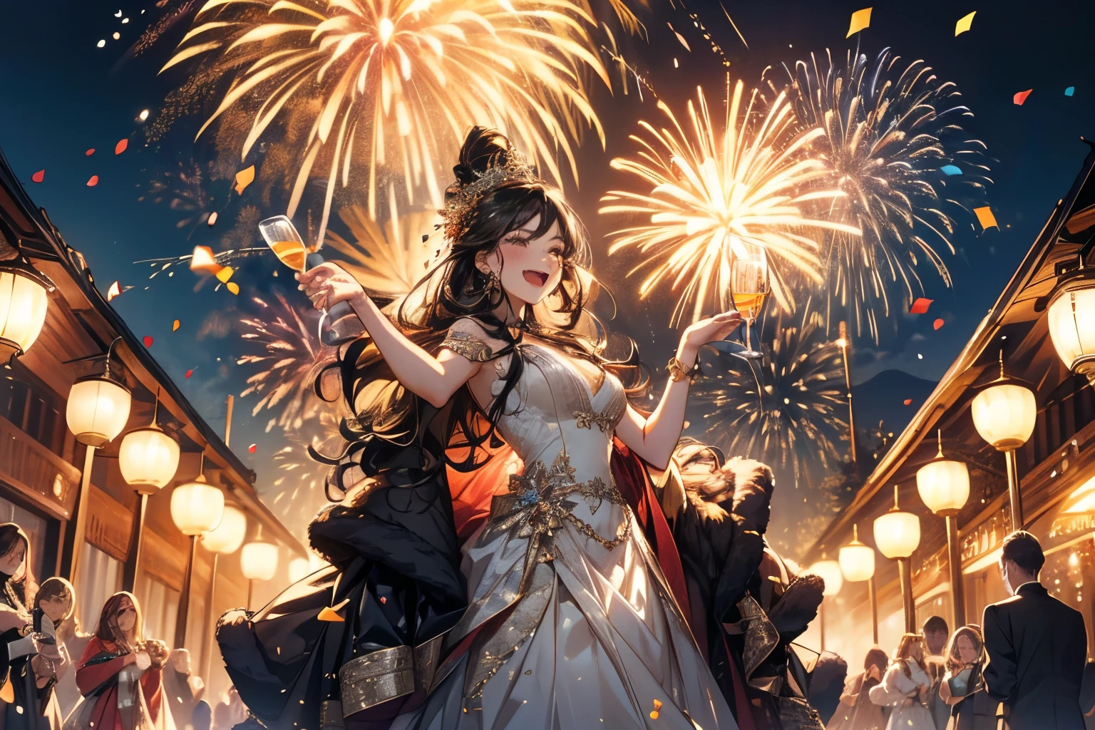 "happy New Year" with fireworks, beautiful female celebrating New Year's Eve party, detailed faces, long eyelashes, elegant dresses, holding champagne glasses and raising arms to celebrate, sparkling lights, confetti, festive decorations, warm lighting, cinematic, highly detailed, photorealistic, 8k, creating a vibrant impression, away from the camera, anatomically correct