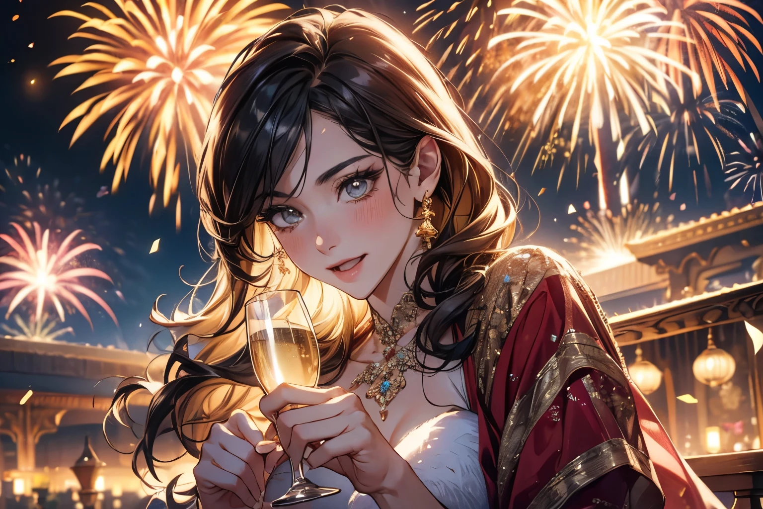 "happy New Year" with fireworks, beautiful female celebrating New Year's Eve party, detailed faces, long eyelashes, elegant dresses, holding champagne glasses and raising arms to celebrate, sparkling lights, confetti, festive decorations, warm lighting, cinematic, highly detailed, photorealistic, 8k, creating a vibrant impression, away from the camera, anatomically correct