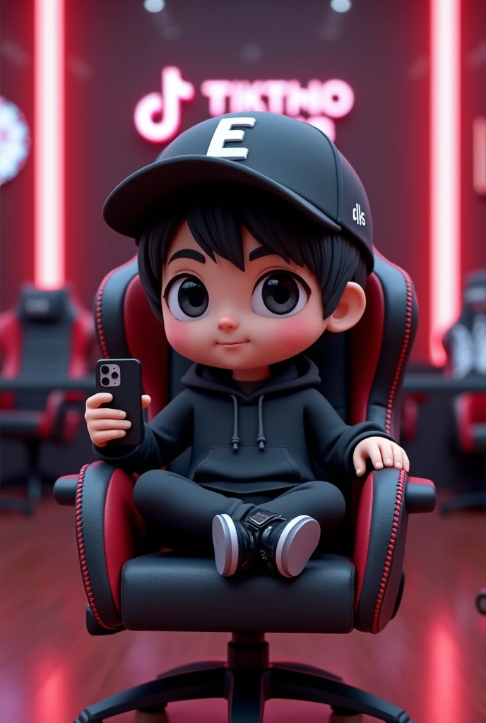 3D rendering of a chibi-style man with short black hair. Black eyes. He is dressed in a black plain hoodie, wearing a cap with name "E" written on front of it. The man is sitting crossed legs in a gaming chair and he is holding a microphone and a Iphone. The background is a fancy room with a casino and Tiktok logos. Looking at viewer, Wide Shot, Wide-Angle, Wide-Angle, 