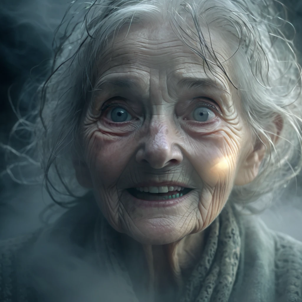 Close-up of the old woman’s face, her eyes glowing eerily in the mist. She has a twisted, unsettling smile as she speaks to the young man, her expression unchanging. Her face is wrinkled and weathered, with an almost supernatural presence. The fog around her swirls like a living entity, adding to the haunting atmosphere.