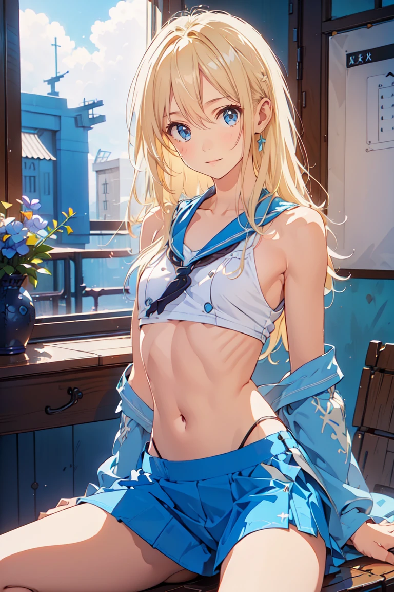 Island Breeze、Blonde, ( blue eyes:1.5), 
break　(student:1.5)
break pool,朝日 
break looking at viewer, ( cowboy shot:1.5), 
break (masterpiece:1.2),  top quality ,  high res,  Unity 8K Wallpaper  , ( illustration:0.8), ( beautiful detailed eyes:1.6),  Extremely Detailed Face ,  perfect lighting,  very detailed CG pinching boob, (perfect hand,  Perfect Anatomy),
break (flat chest:1.5)、　(scrawny legs:1.5)、
break (sitting、　wide spread legs:1.5),from front