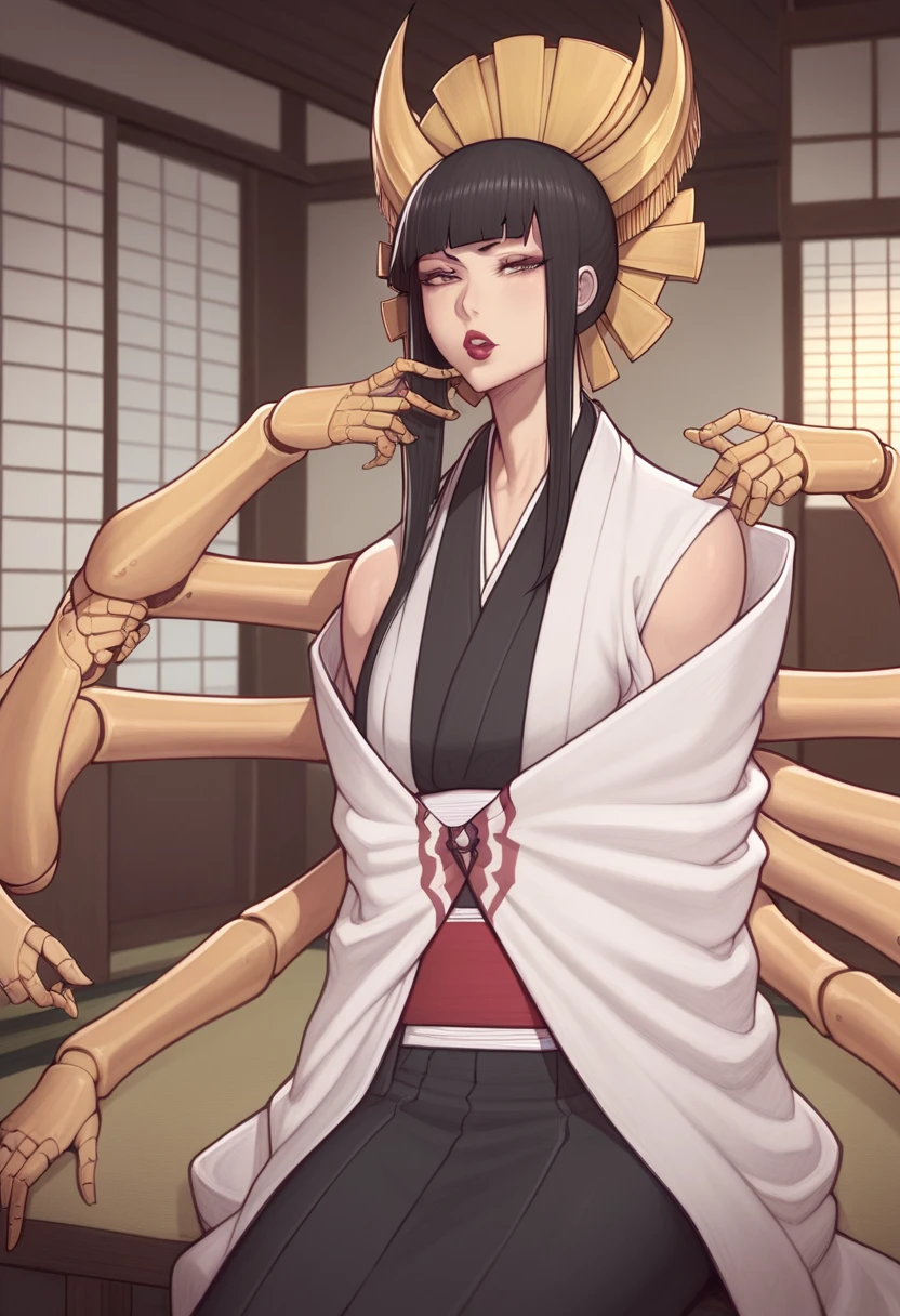 Asura style, senjumaru shutara, long hair, bangs, blunt bangs, black hair, sidelocks, black eyes, makeup, lipstick, red lipstick, sitting, japan room background, cowboy shot, looking at viewer, japanese clothes, kimono, mechanical arms, extra arms