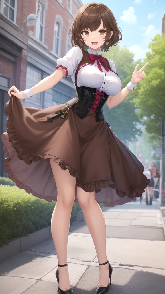 masterpiece, best quality, high quality, girl, solo, looking at viewer, kogure_kawanami, brown hair, brown eyes, large breasts, corset minidress, high heels, standing, smile, open mouth, outdoors 