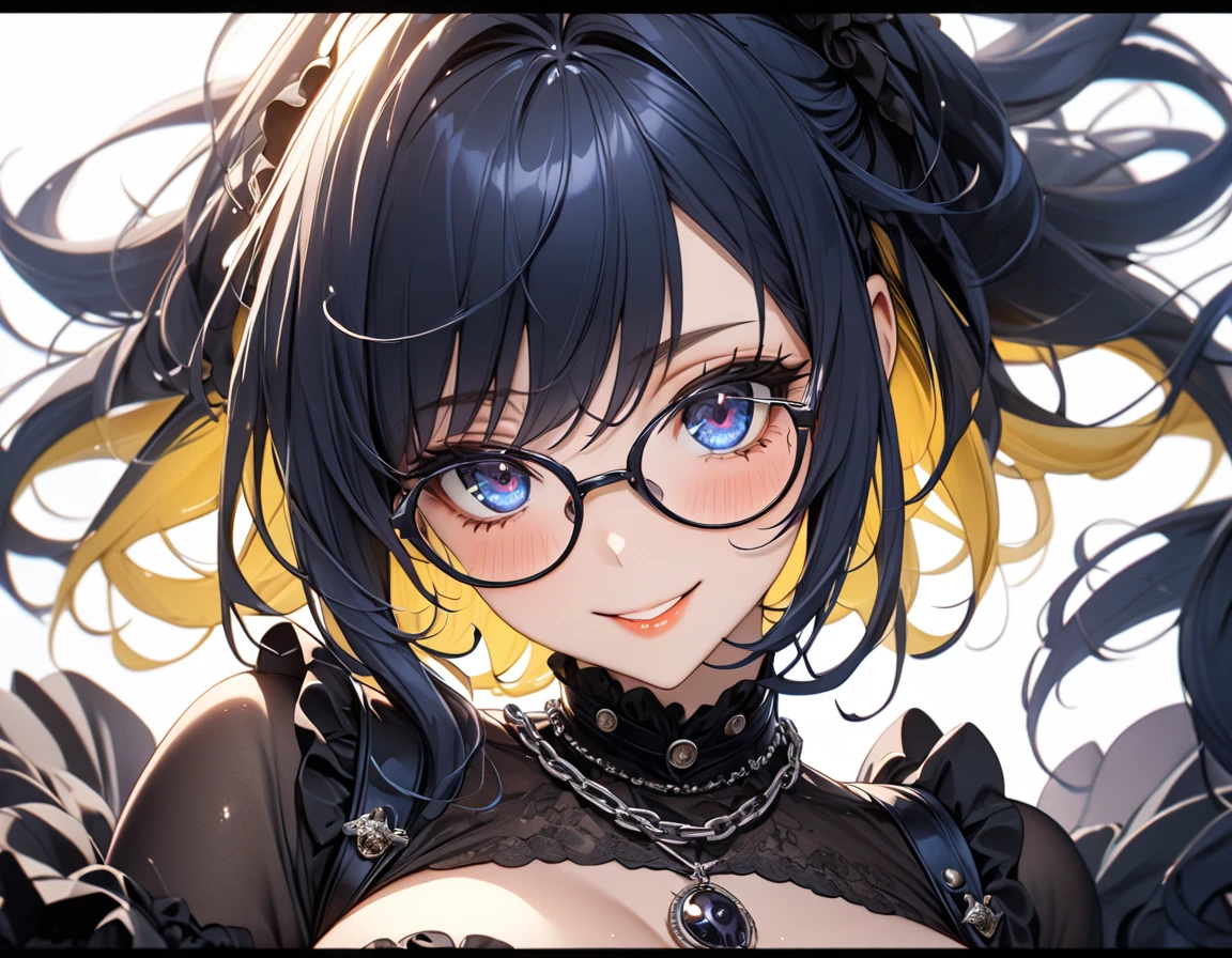 ((dark blue eye,dark blue hair,yellow inner hair,mole under left eye)),(masterpiece, best quality, ultra detailed,  highres icon,1girl),busty,model-like physique,Alone,white background,big eyes,8k,light makeup,shiny skin,blushing like crazy,glossy lip,very beautiful red nails,,swept bangs,detailed eyes, wearing glasses,((big smile)),Goth girl,from below,Dress with lace, chain and ruffles,Mole at the bottom of the left eye, Bold Poses