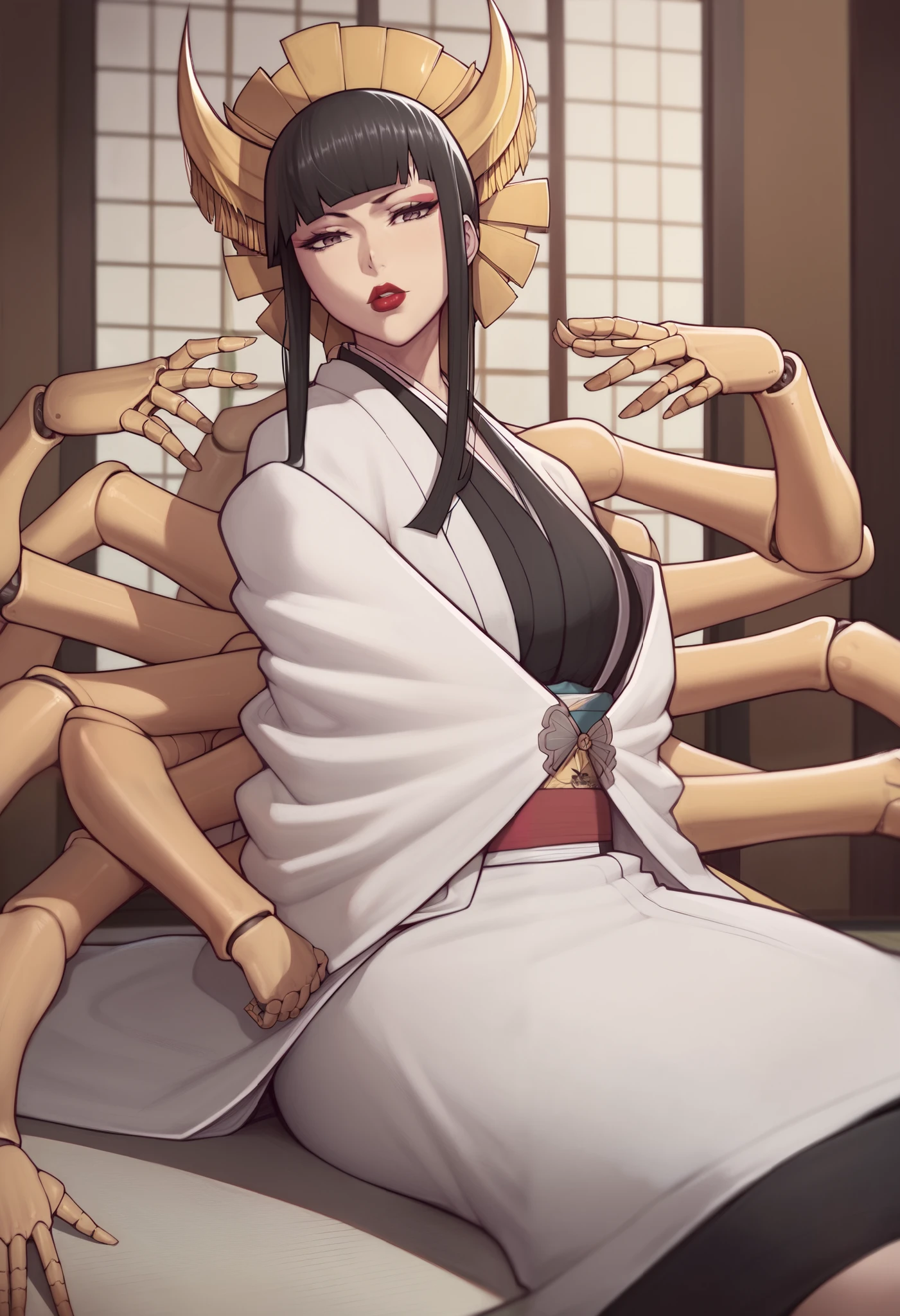 Asura style, senjumaru shutara, long hair, bangs, blunt bangs, black hair, sidelocks, black eyes, makeup, lipstick, red lipstick, sitting, japan room background, looking at viewer, japanese clothes, kimono, mechanical arms, extra arms