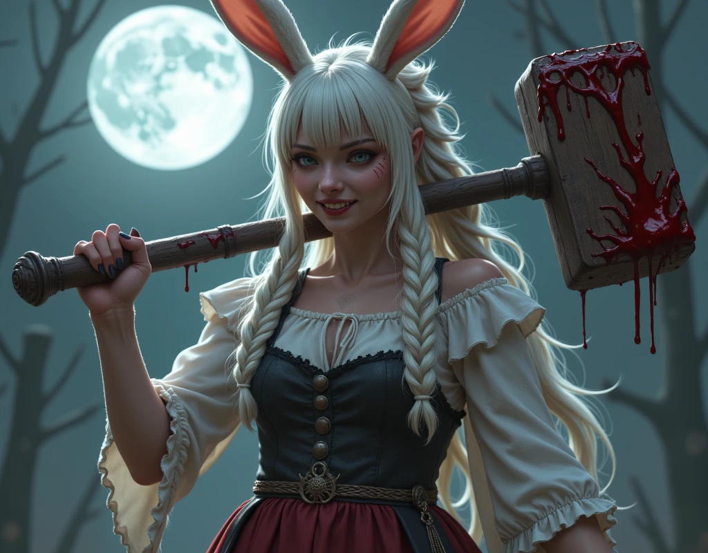 a beautiful slender rabbit woman with long curly white hair in a braid and straight bangs with rabbit ears, a sadistic look, in peasant clothes, holding a large hammer with both hands, covered in blood and a full moon in the background, fantasy art, epic fantasy character art, concept art