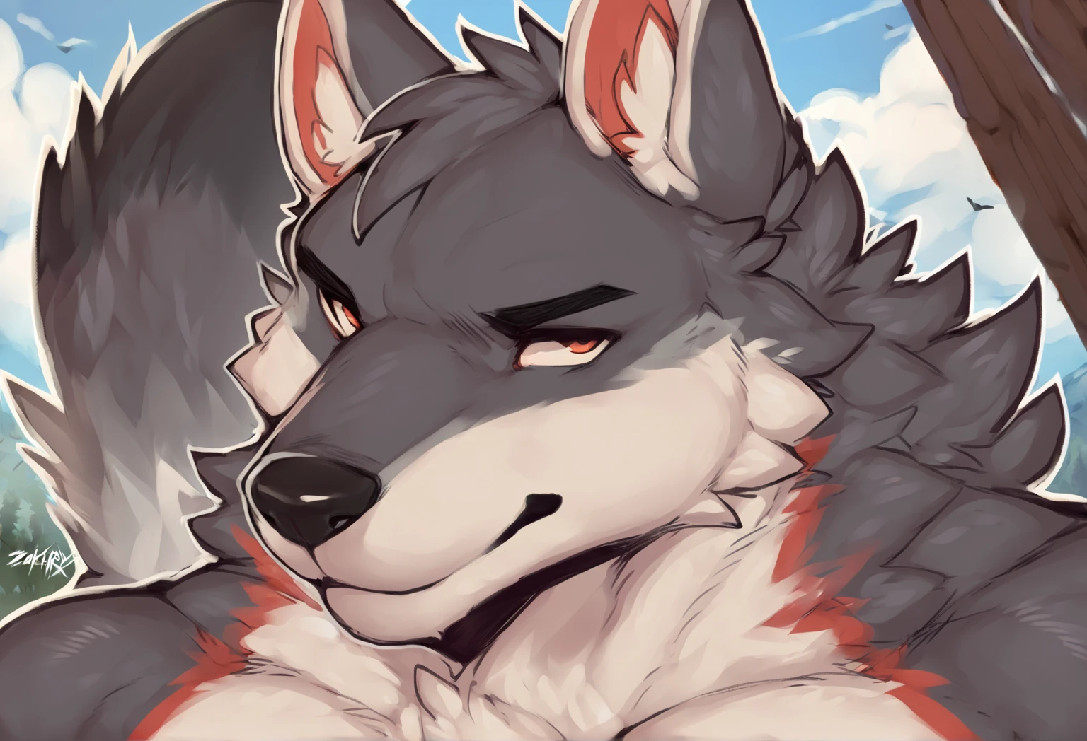 White and black wolf blushing with his tongue out with his eyes closed shirtless and with his hand on the back of his head happy