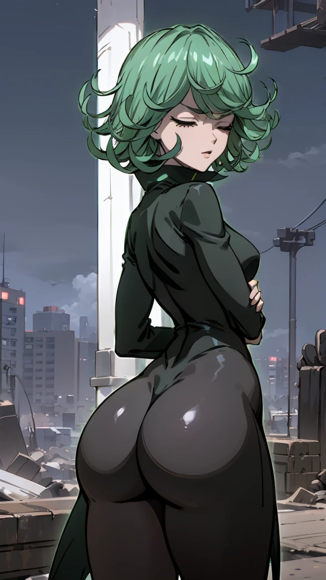  Anime art style, tatsumaki de one punch man,  green hair,   white skin , standing on destroyed city, cinematic lights, Rosy cheeks, smiling,  looking back  at viewers, grabbing her ass, big booty, nsfw,  back view , beautiful landscape.  Lingerie tucked up her ass ,  with your mouth shut, turtleneck,  looking back , from behind,  focus on the ass, standing,  detailed eyes ,  half-closed eyes, curve,   wide hips ,  impossible clothes ,  outdoor, night,  sky, clouds, stars, streetlights, lights, buildings, plants, bushes, ( Narrow Eyes :1.2), ( half-closed eyes :1.2), BREAK masterpiece,  Better quality,  highly detailed background , perfect lighting Better quality, (( shiny skin,  shiny skin,  detailed skin)), ((( detailed lips ))), ((( detailed eyes ))),   wide hips ,  her ass is covered by the dress ,  focus on the butt, posing, ass posing 