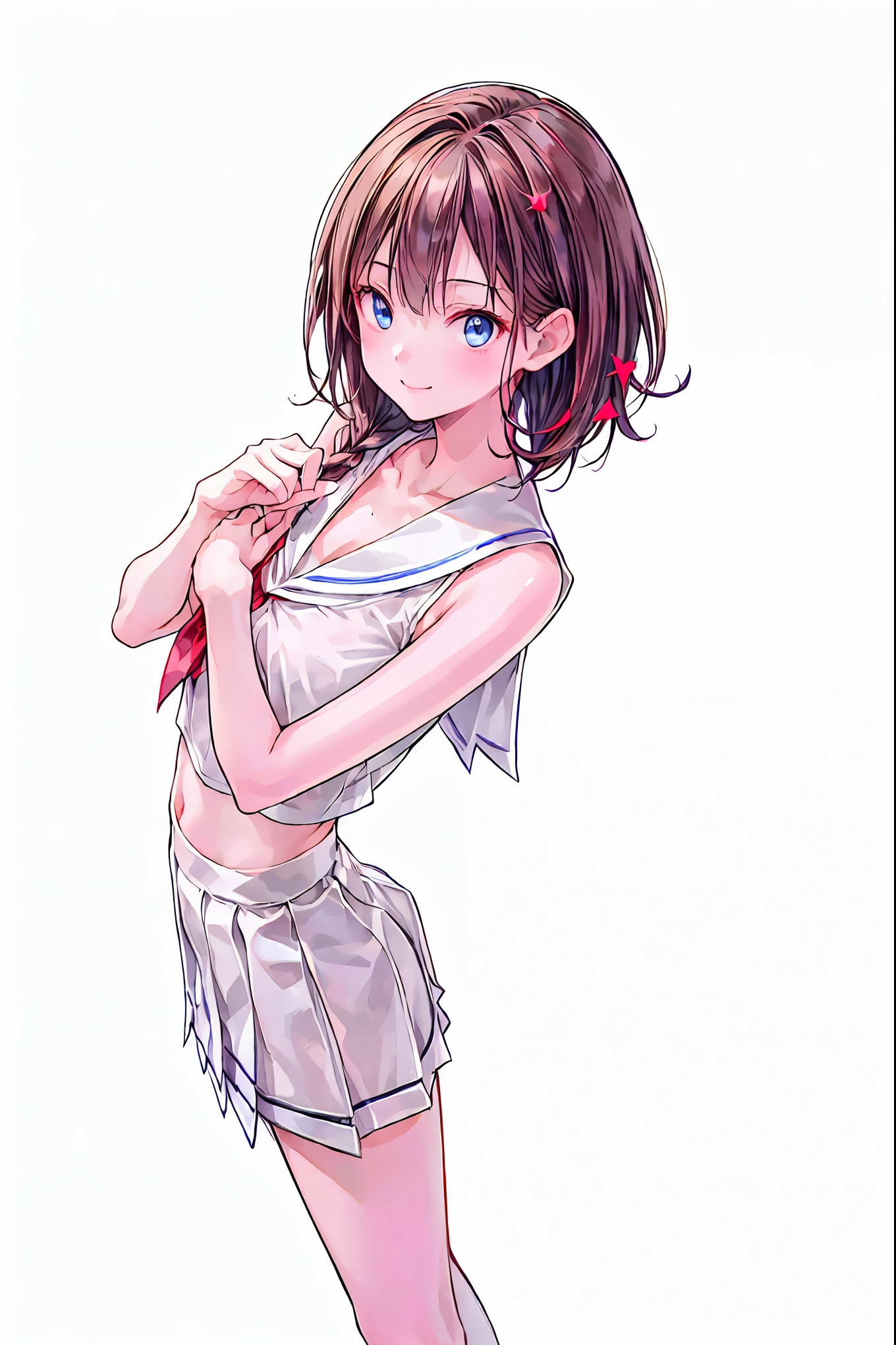 Highest quality, masterpiece, High resolution, alone, {inazuma_Fleet Collection}, brown_hair, Folded_ponytail, brown_eye, length_hair, Open_mouth, smile, Sailor suit, show off panties, (White panties), Wet clothes,Nipples, ,((Flat Chest, Small breasts, flat chest)), Navy blue pleated skirt