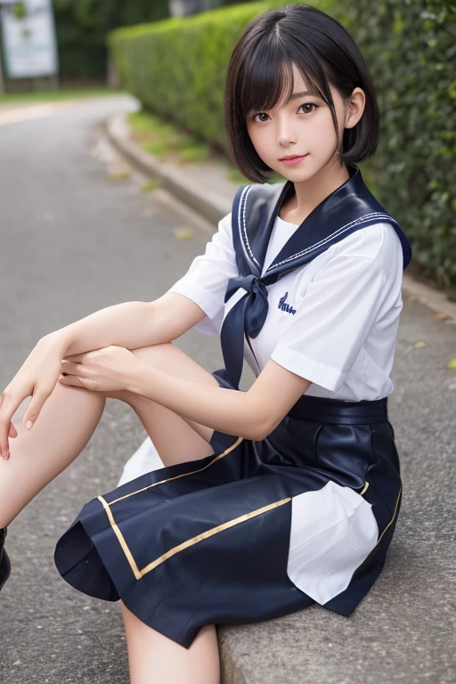(masterpiece, highest quality:1.2), 1 girl,  , (Idol style super cute face:1.２), (sit on a bench)  , small breasts, (whole body), (white shirt, sailor suit, navy pleated skirt:1.2), sexy , beautiful feet, bangs, black hair straight, slightly longer bob hair, smile, masterpiece,  super high quality, realistic, photo  RAW写真, very accurate, perfect anatomy, forest park、 