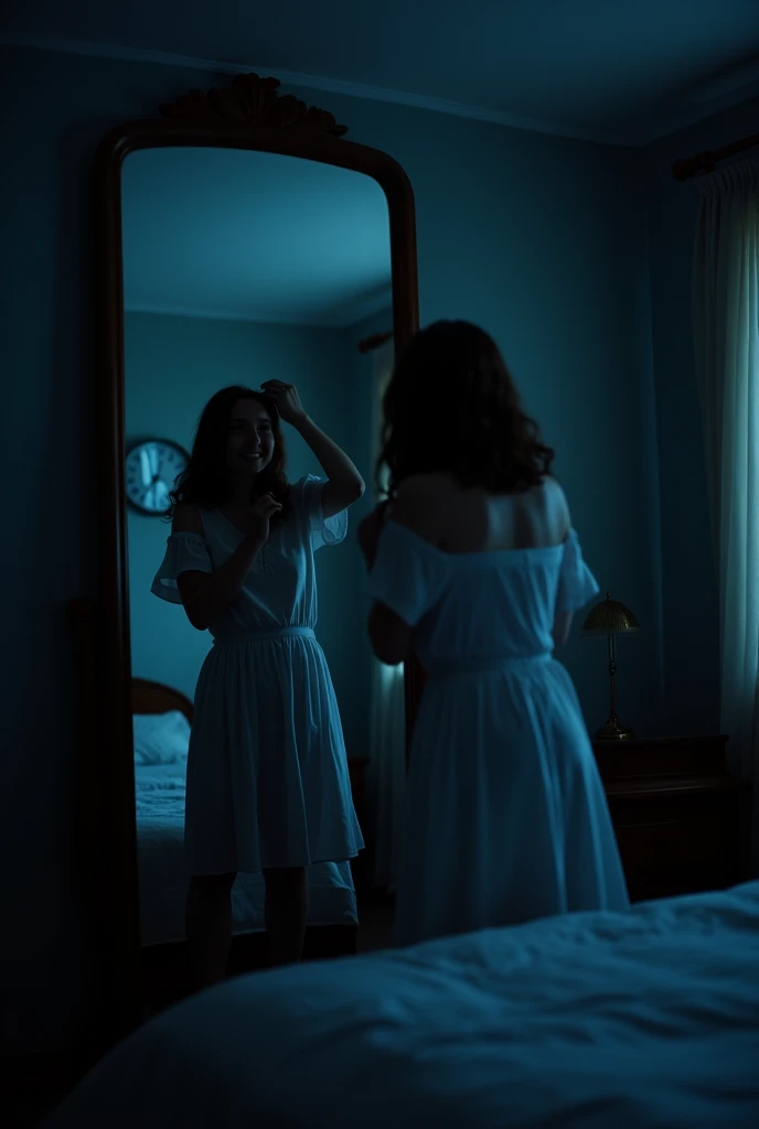 a women finds herself in a bedroom with a broken mirror reflecting a distorted image and tattered sheets on the bed. The room is dimly lit, with shadows dancing across the walls. The atmosphere is tense, and a ghostly figure of a woman appears behind her.
