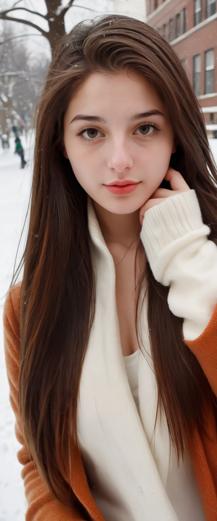 (indistinguishable from reality:1.4), 1girl, selfie, An half portrait of a beautiful 25 y.o New York Italian college student, (detailed facial features), (freckles:0.2), (acne:0.1), long thick luxurious straight hair, beautiful Jewish nose, shy smile, walking on University campus, winter, snowfall, ultra detailed texture Orange Cropped , , Nikon FM2, 35mm SLR