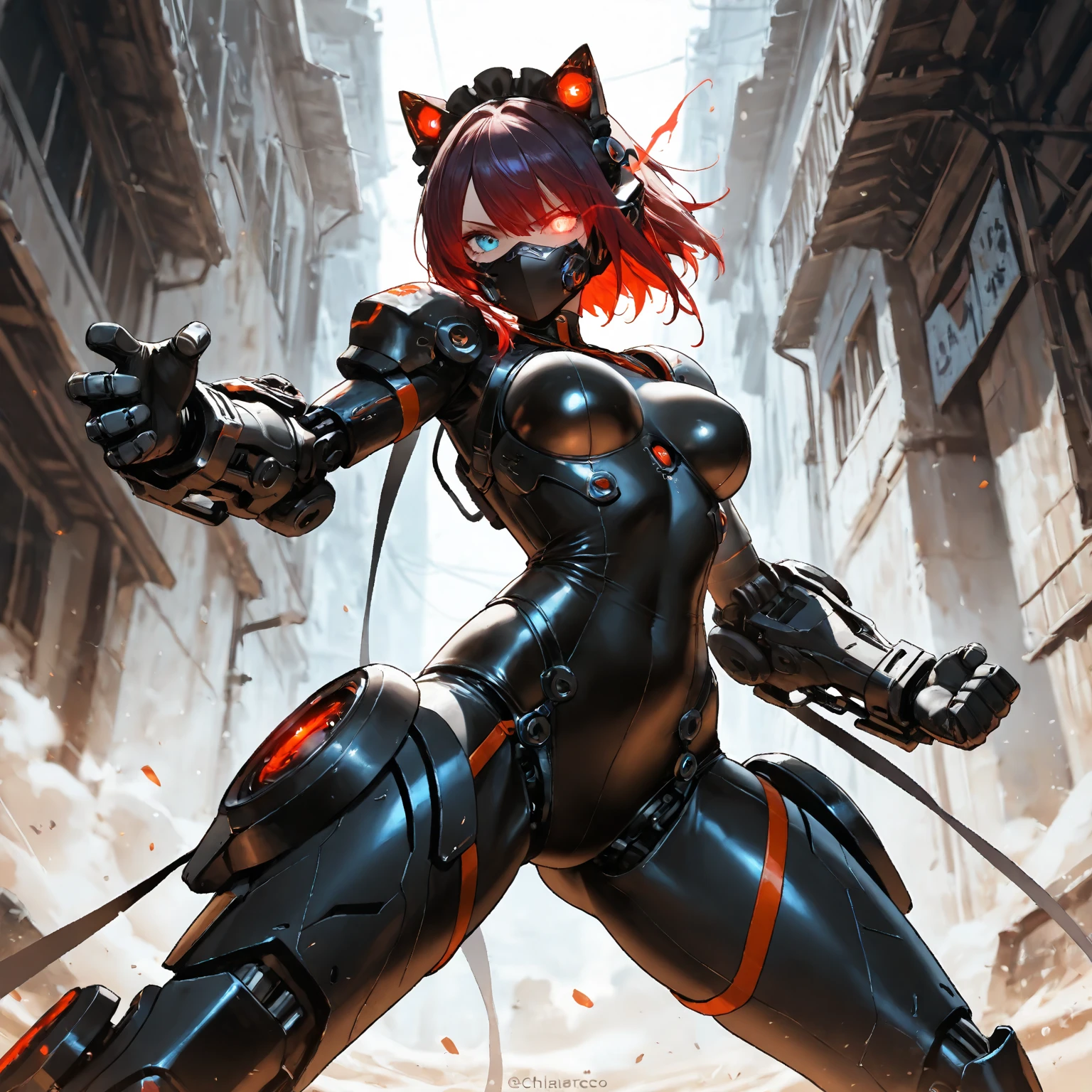 cowboy shot, very cute face, maid costume decoration, android girl, exoskeleton bodysuit, heterochromia, joint, mouth mask, headgear, ethereal tattoo, glowing eyes, ((glowing eye trail)), Ancient weapons, battle stance, (best quality,4k,8k,highres,masterpiece:1.2),ultra-detailed,intricate details, high fashion, dramatic lighting, warm colors, chiaroscuro