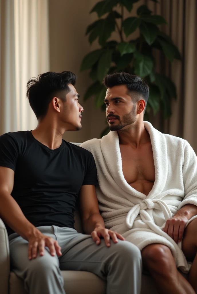 30 years old,Three Men,Tall handsome man、Black Briefs、Topless、Bedroom、squat ,Black Hair、Very short hair、undercut、Japanese Face　smile、Seen from below　chest hair、Upper body close-up