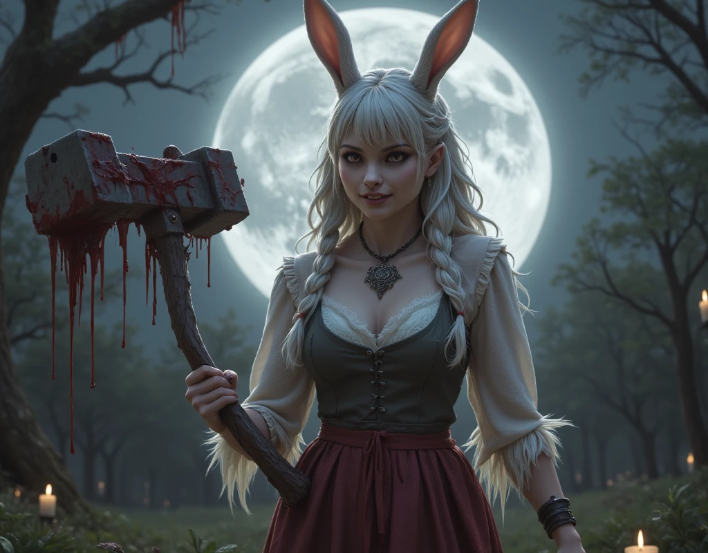 a beautiful slender rabbit woman with long curly white hair in a braid and straight bangs with rabbit ears, a sadistic look, in peasant clothes, holding a large hammer with both hands, covered in blood and a full moon in the background, fantasy art, epic fantasy character art, concept art