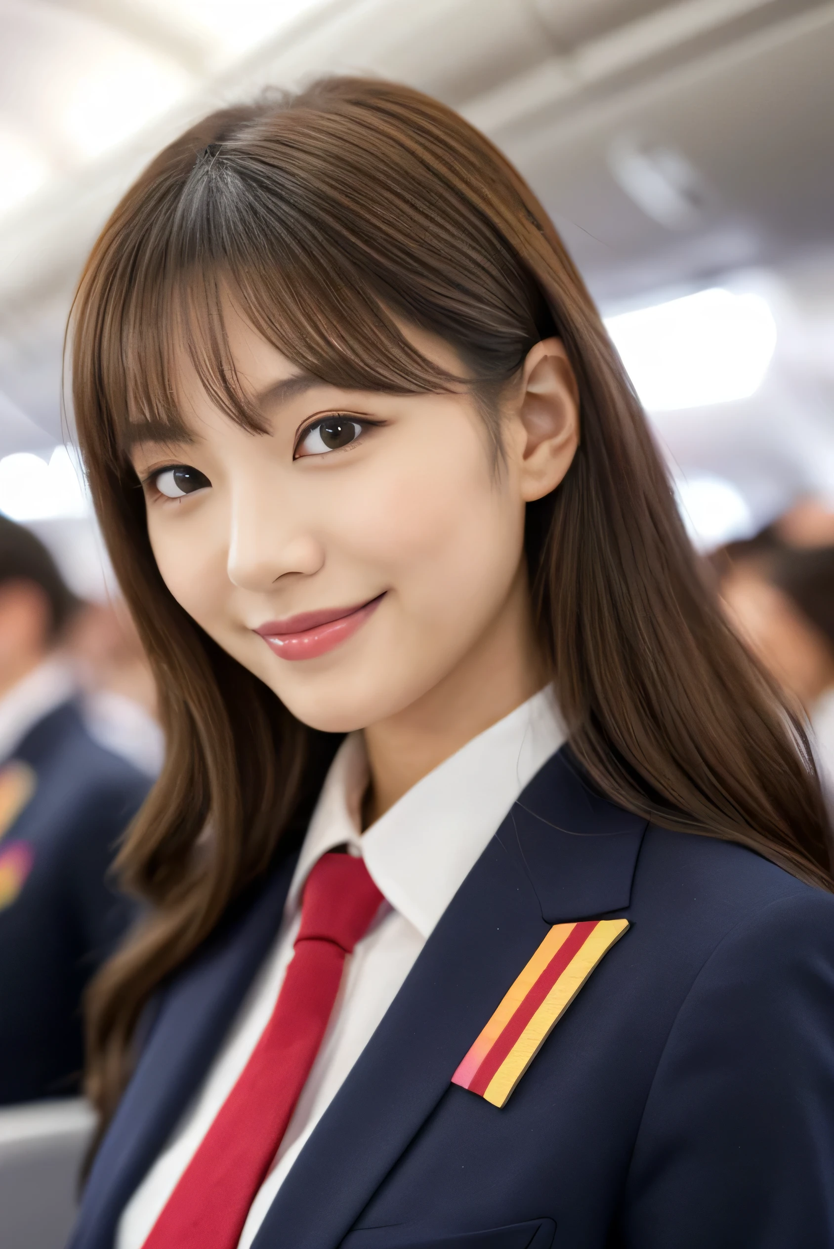 ((Best Quality, 8K, Masterpiece: 1.3)), a beauti, In addition, melon face, Friendly and cute, sweet smile, Pure desire, Slender body, (s whole body), (tilted head), ((looking at camera)), Medium Black Silky Straight Hair, Long flowing shoulders, round black big eyes, clear big eyes, moist red lips, Cafe shop background, ((full body shooting)), (SkyBlue Blazer, bows, Sock, High School Uniform: 1.2, ), (Middle breast)
