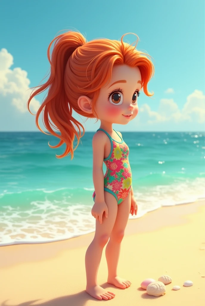 A busty girl in a swimsuit on a beach submerged in the water, observing a beautiful goldfish