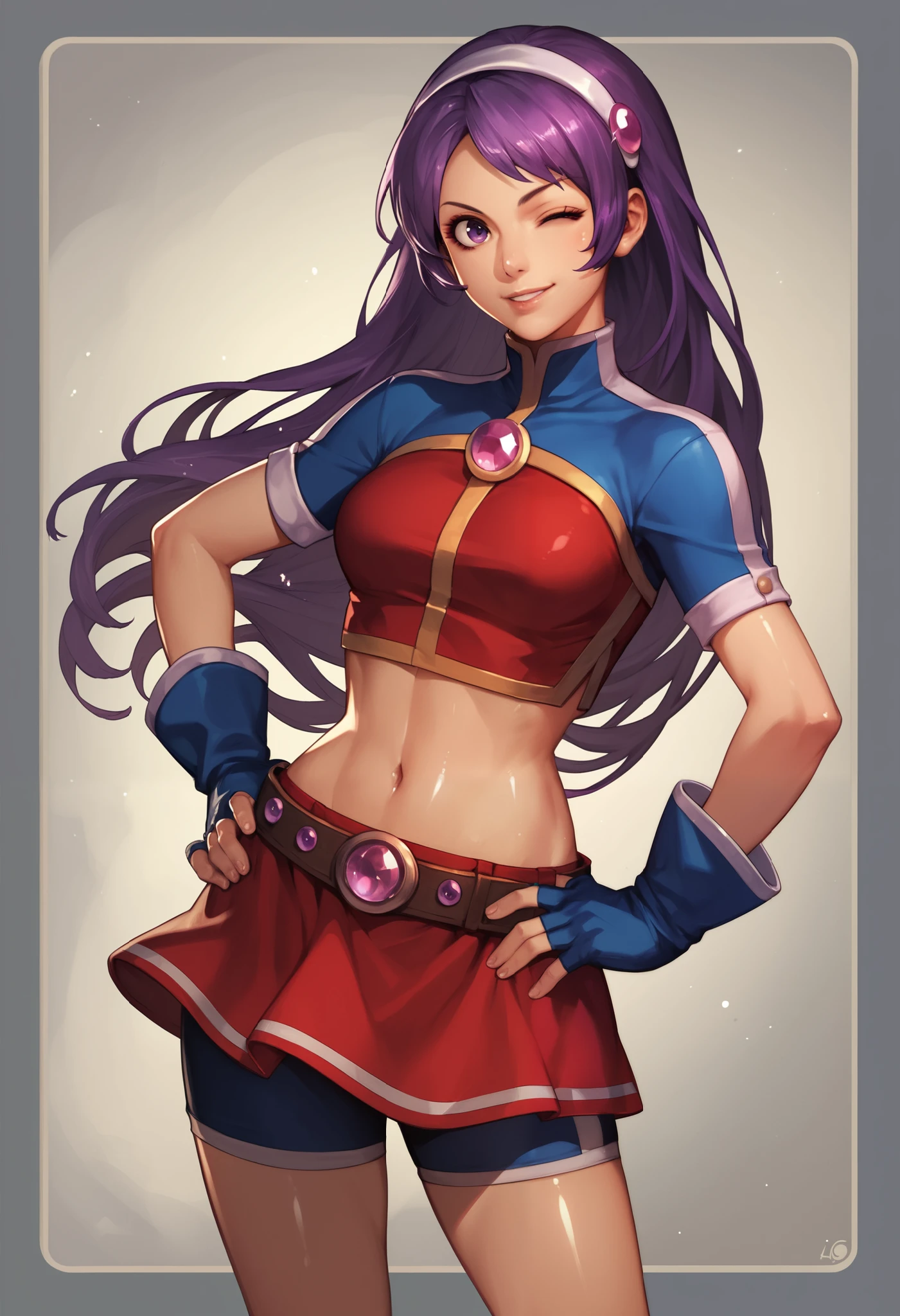 score_9, score_8_up, score_7_up, score_6_up,detailed body, shiny skin , 1girl, ATHKOF2002, purple hair, long hair, purple eyes, white hairband, blue sleeves, pearl (gemstone), short sleeves, red top, belt, fingerless gloves, navel, red skirt, biker shorts,detailed face, shiny skin,wink,p4l0m4, web comic, cowboy shot, hand on hip