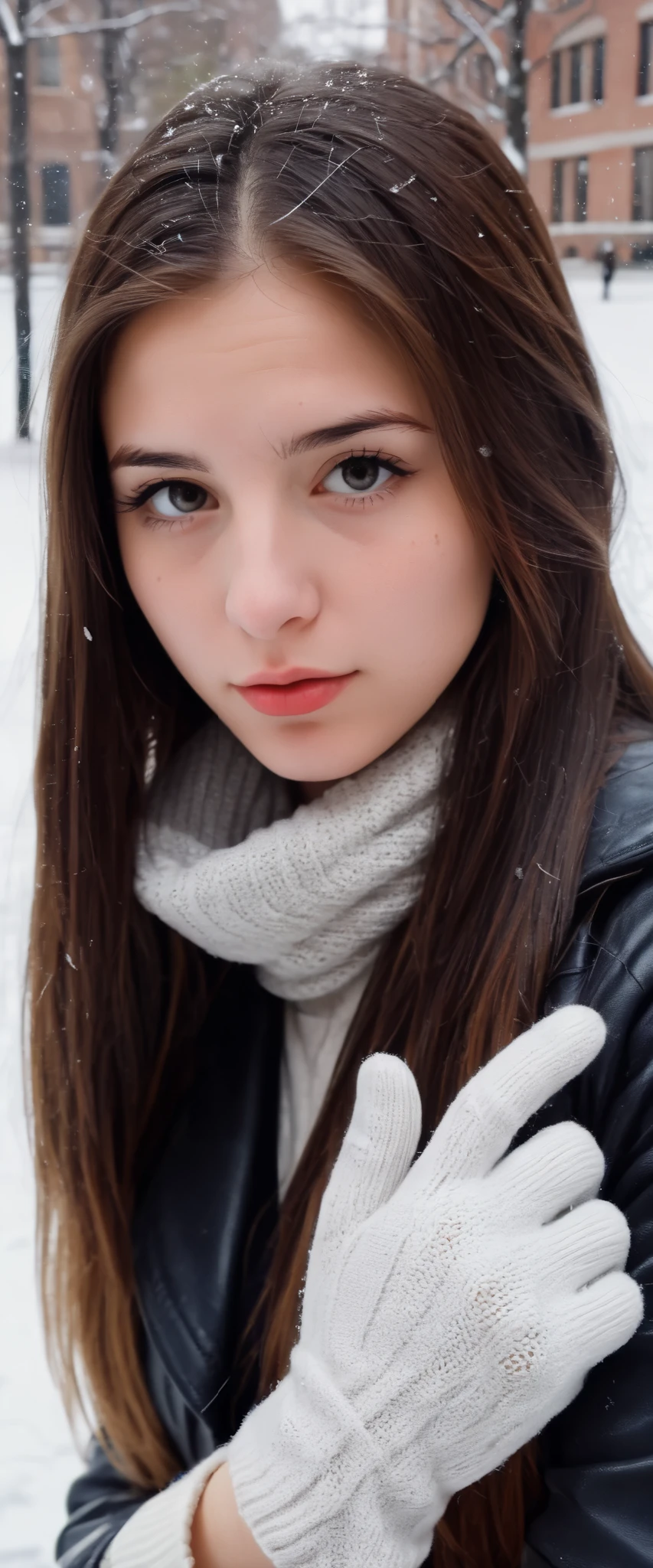 (indistinguishable from reality:1.4), 1girl, selfie, An half portrait of a beautiful 25 y.o New York Italian college student, (detailed facial features), (freckles:0.2), (acne:0.1), long thick luxurious straight hair, beautiful Jewish nose, shy smile, walking on University campus, winter, snowfall, ultra detailed texture with  Gloves , , Nikon FM2, 35mm SLR